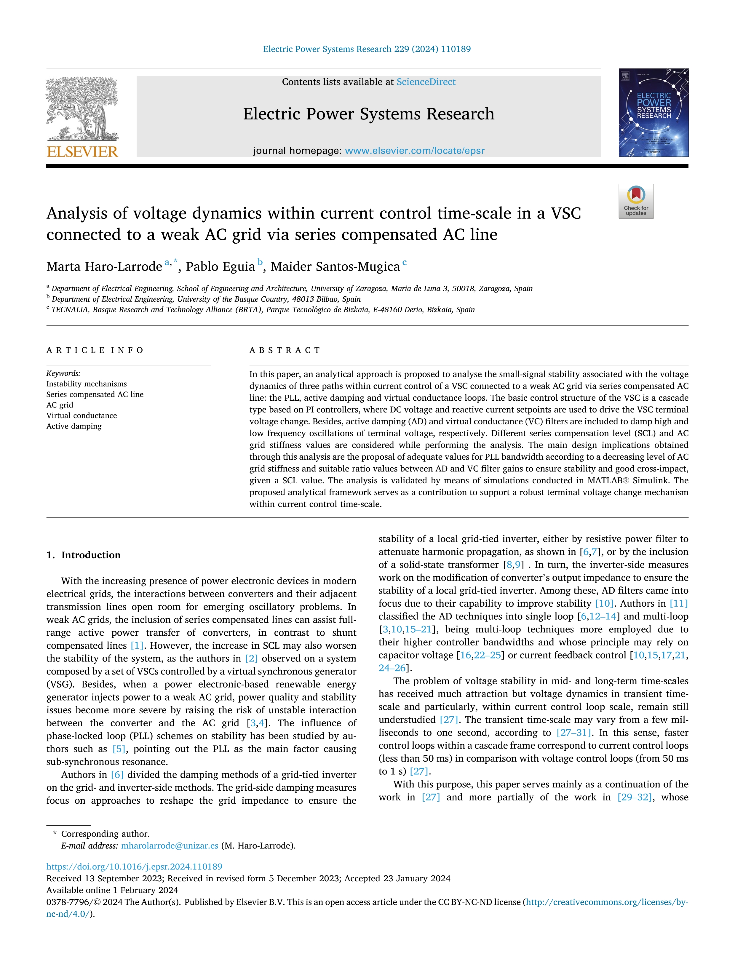 Analysis of voltage dynamics within current control time-scale in a VSC connected to a weak AC grid via series compensated AC line