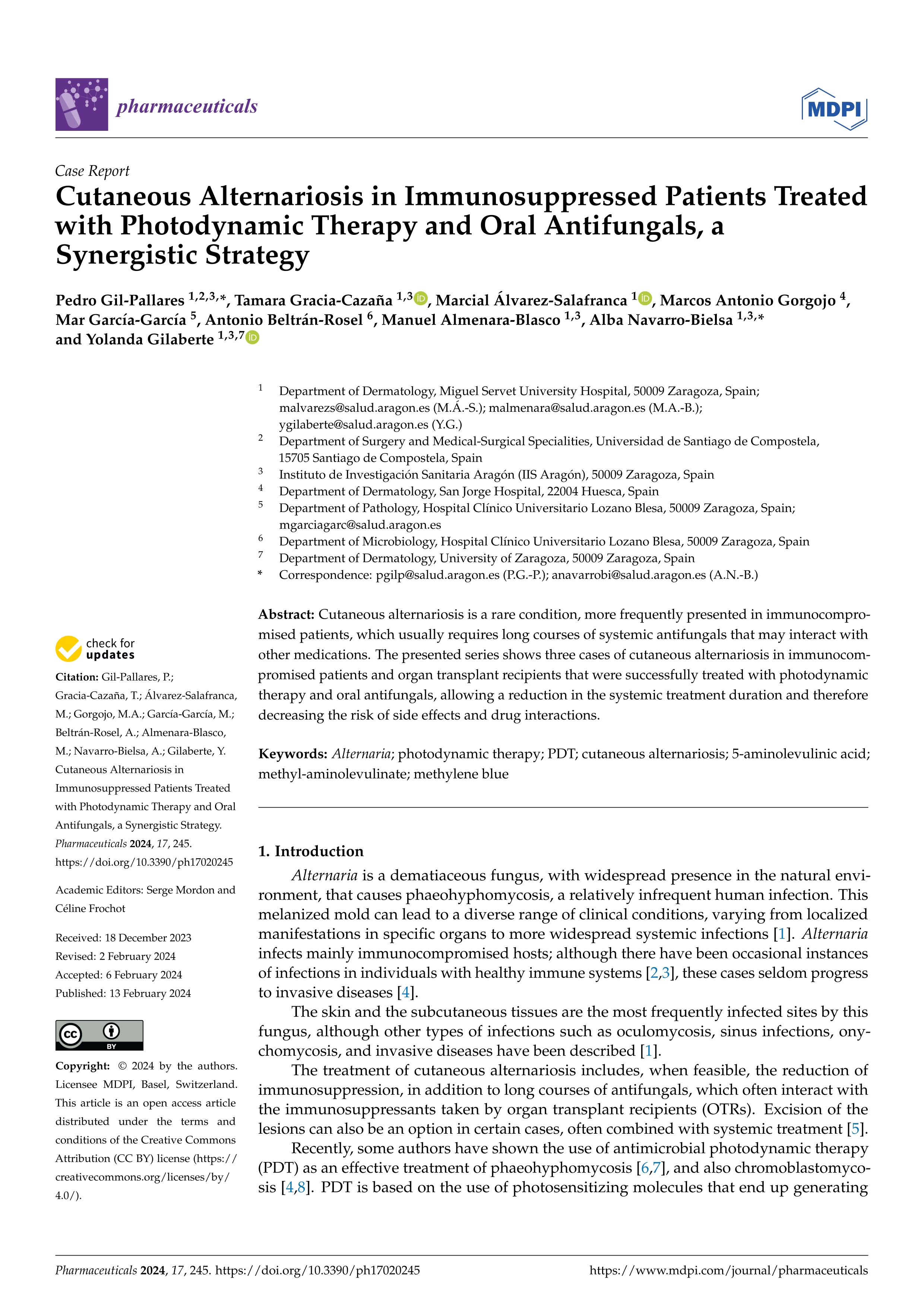 Cutaneous Alternariosis in Immunosuppressed Patients Treated with Photodynamic Therapy and Oral Antifungals, a Synergistic Strategy