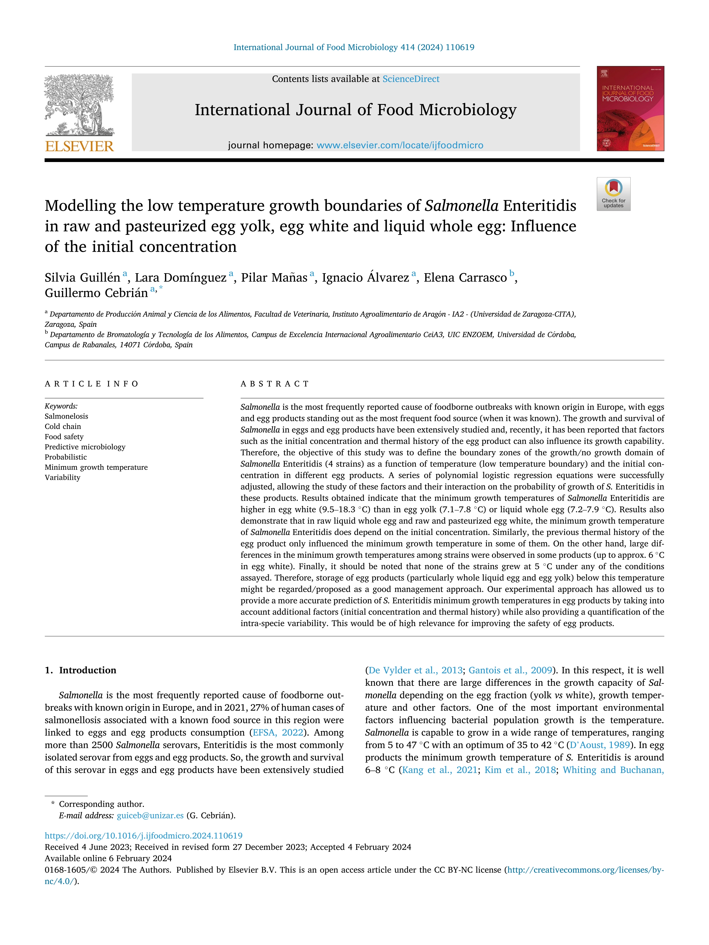 Modelling the low temperature growth boundaries of Salmonella Enteritidis in raw and pasteurized egg yolk, egg white and liquid whole egg: Influence of the initial concentration