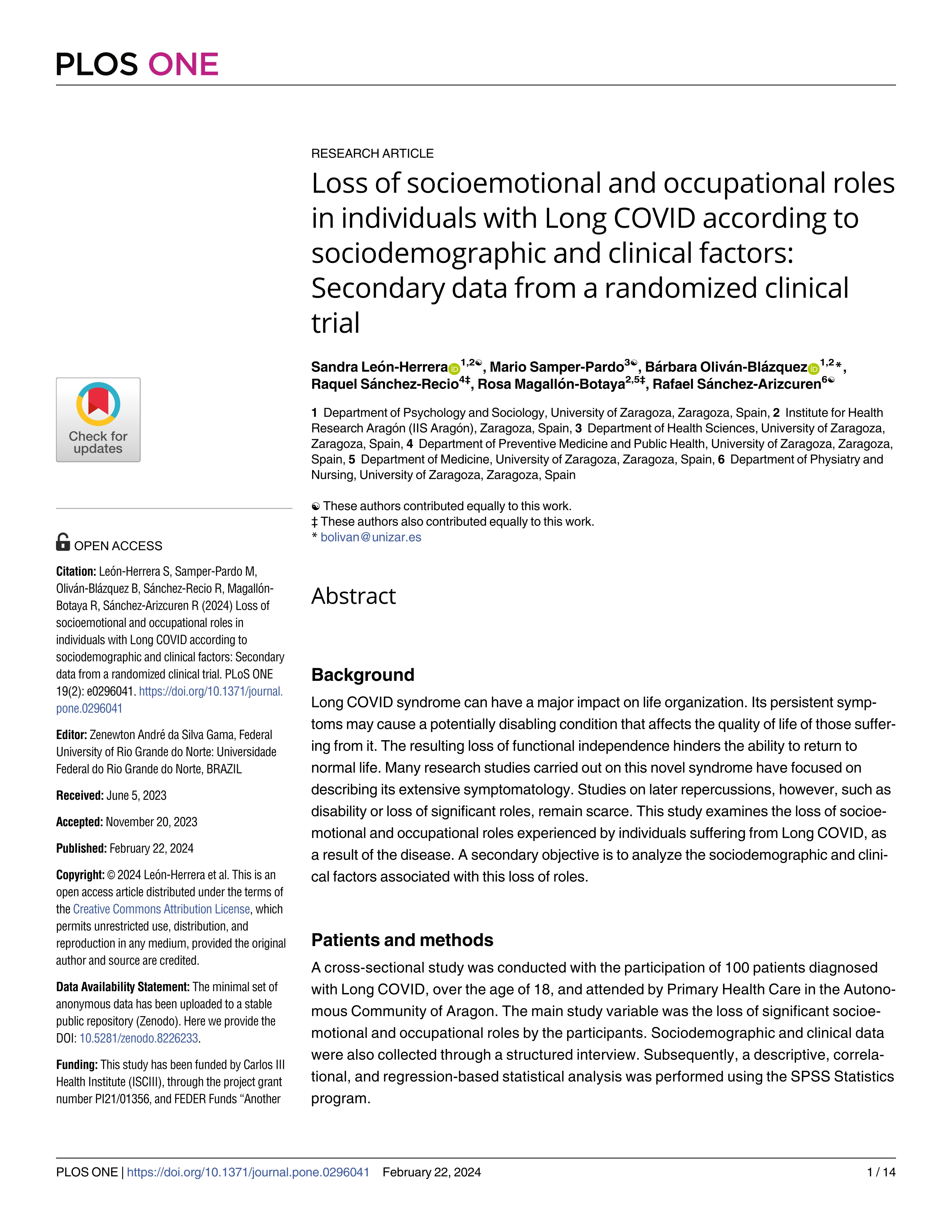 Loss of socioemotional and occupational roles in individuals with Long COVID according to sociodemographic and clinical factors: Secondary data from a randomized clinical trial