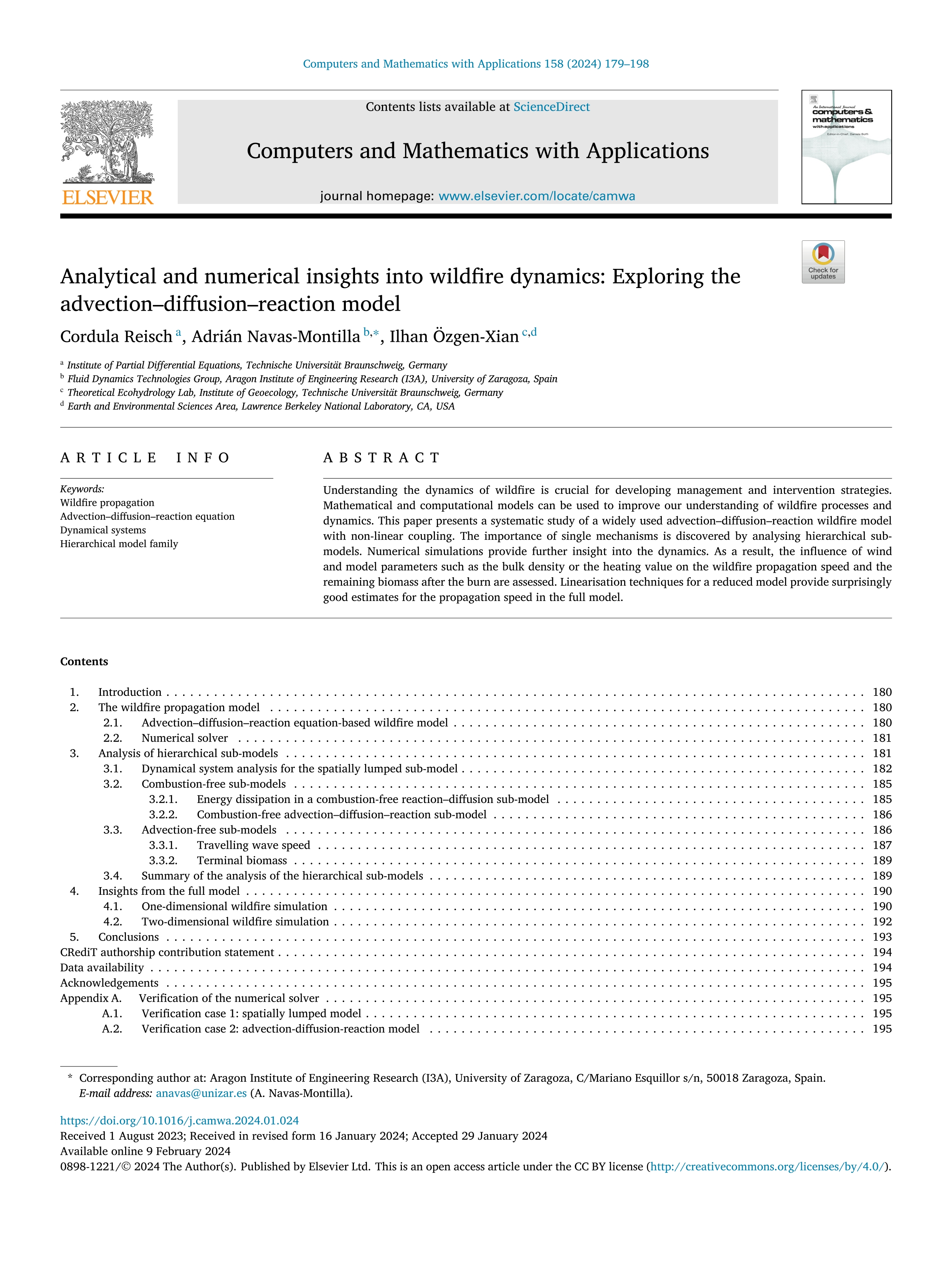 Analytical and numerical insights into wildfire dynamics: Exploring the advection–diffusion–reaction model