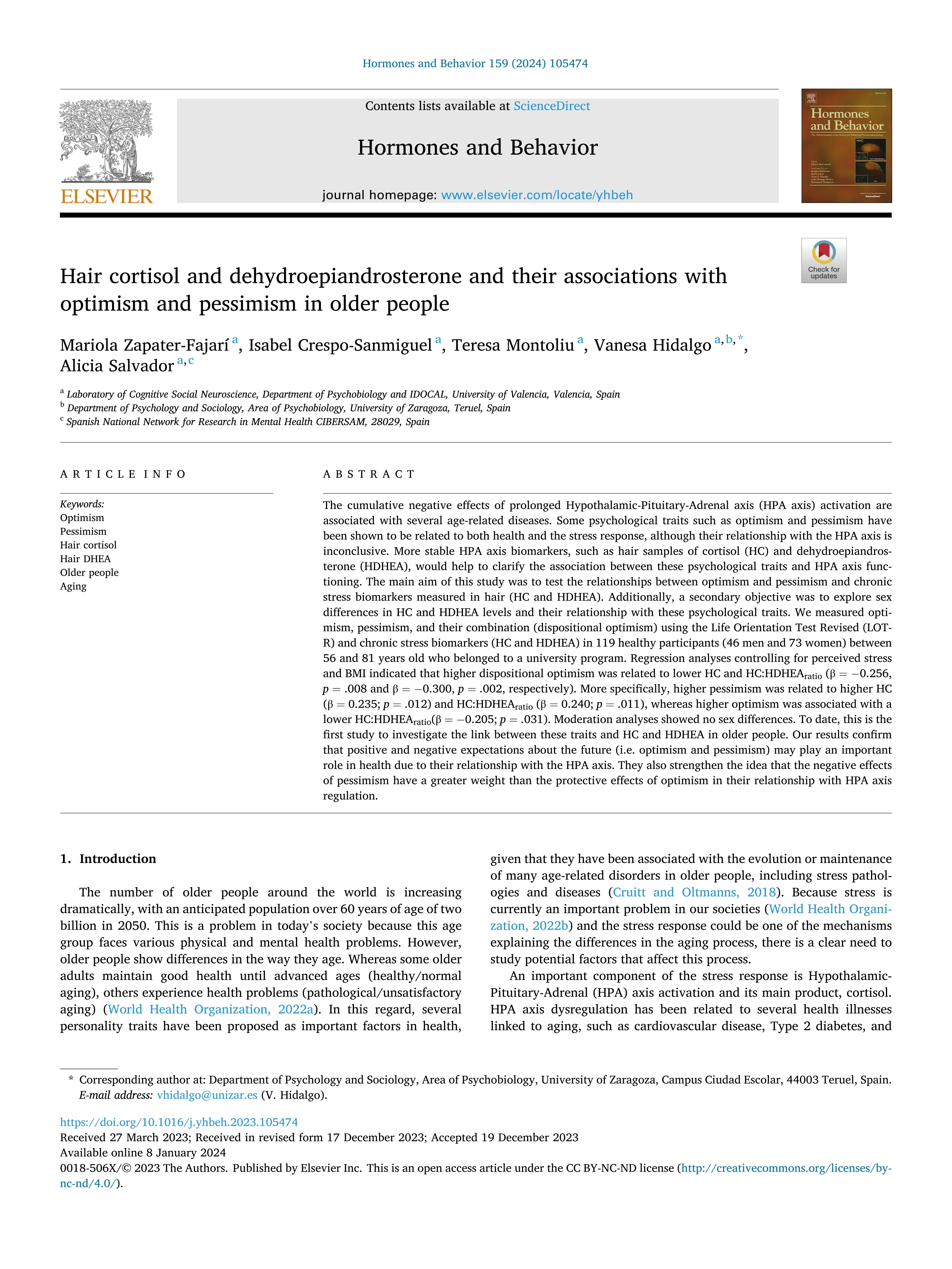 Hair cortisol and dehydroepiandrosterone and their associations with optimism and pessimism in older people