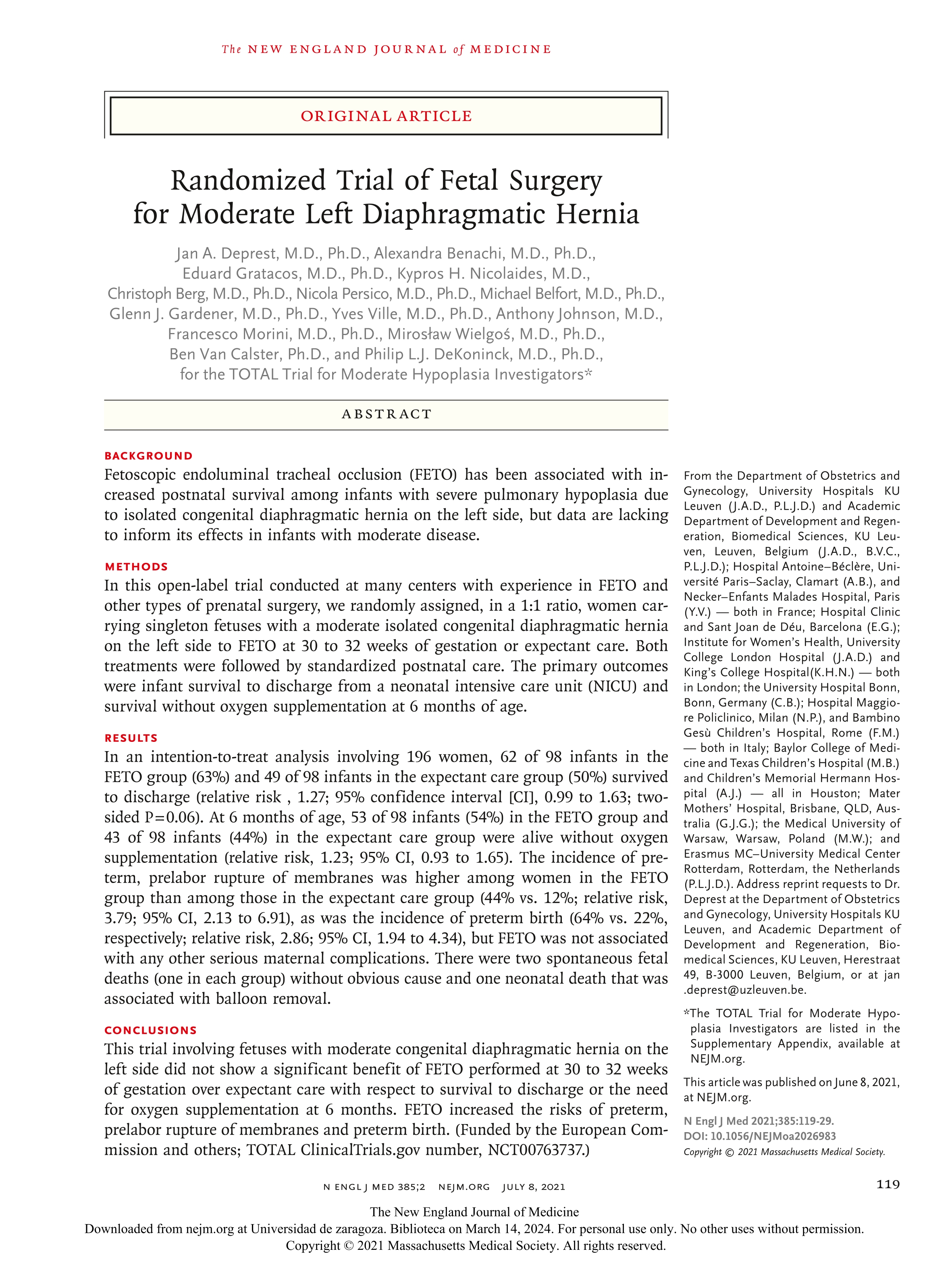 Randomized Trial of Fetal Surgery for Moderate Left Diaphragmatic Hernia