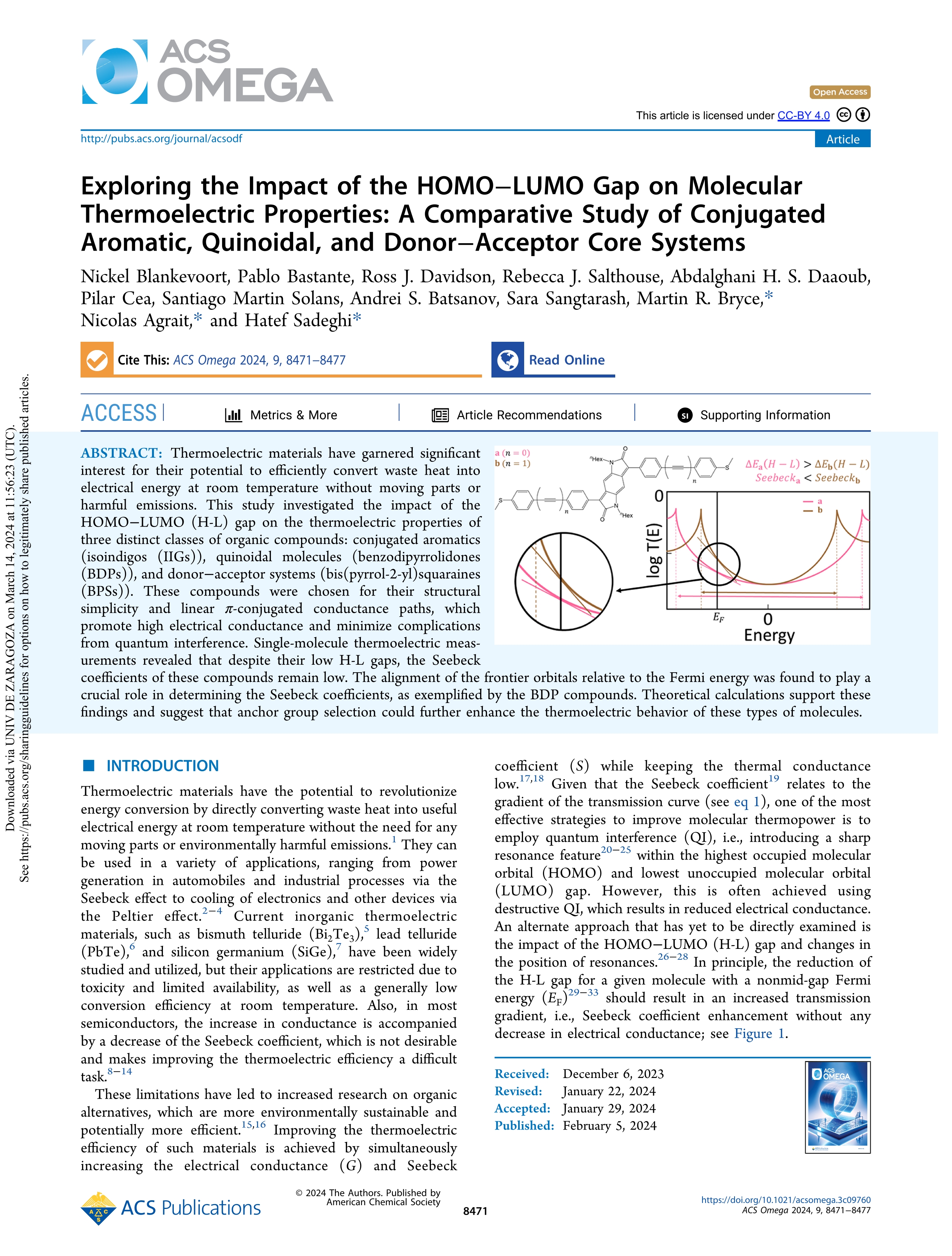 Exploring the Impact of the HOMO–LUMO Gap on Molecular Thermoelectric Properties: A Comparative Study of Conjugated Aromatic, Quinoidal, and Donor–Acceptor Core Systems