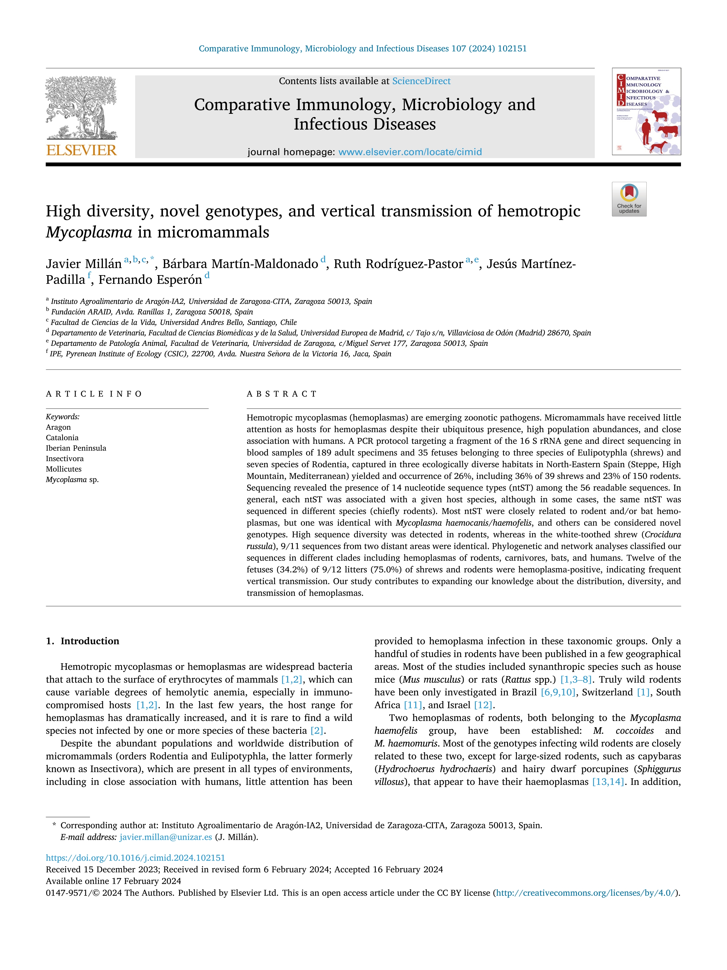 High diversity, novel genotypes, and vertical transmission of hemotropic Mycoplasma in micromammals