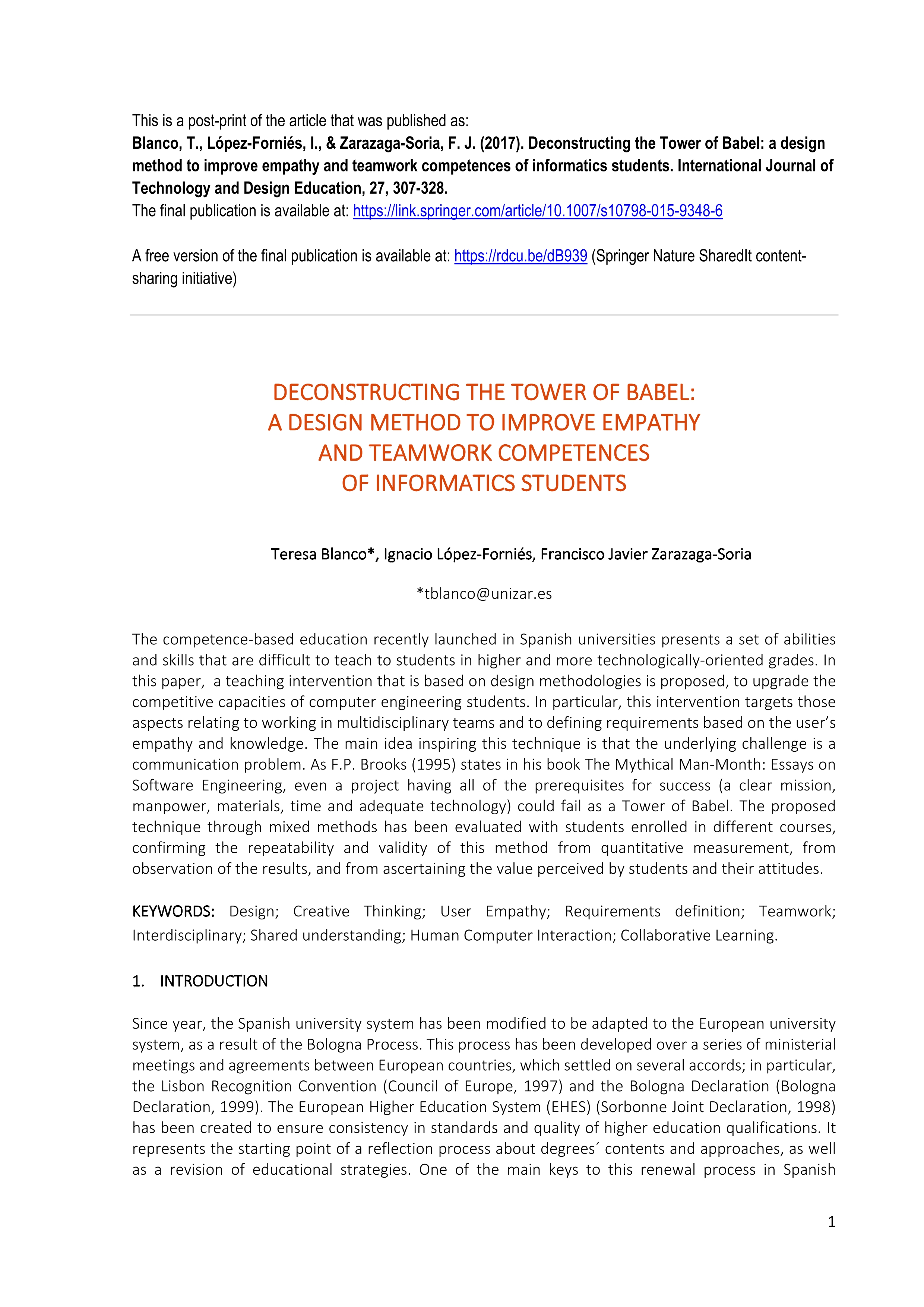 Deconstructing the Tower of Babel: a design method to improve empathy and teamwork competences of informatics students