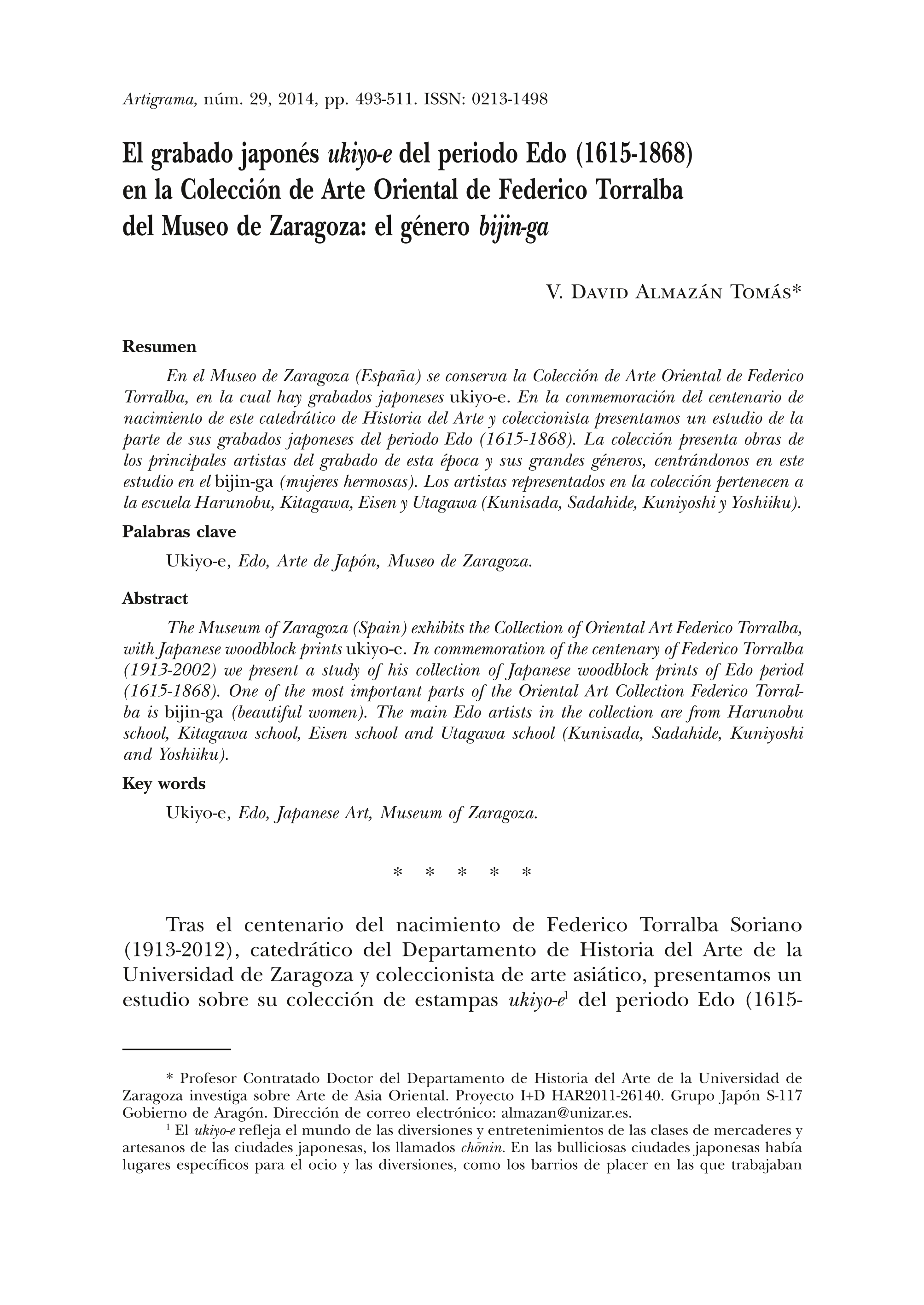 El grabado japonés ukiyo-e del periodo Edo (1615-1868) en la Colección de Arte Oriental de Federico Torralba del Museo de Zaragoza: el género bijin-ga