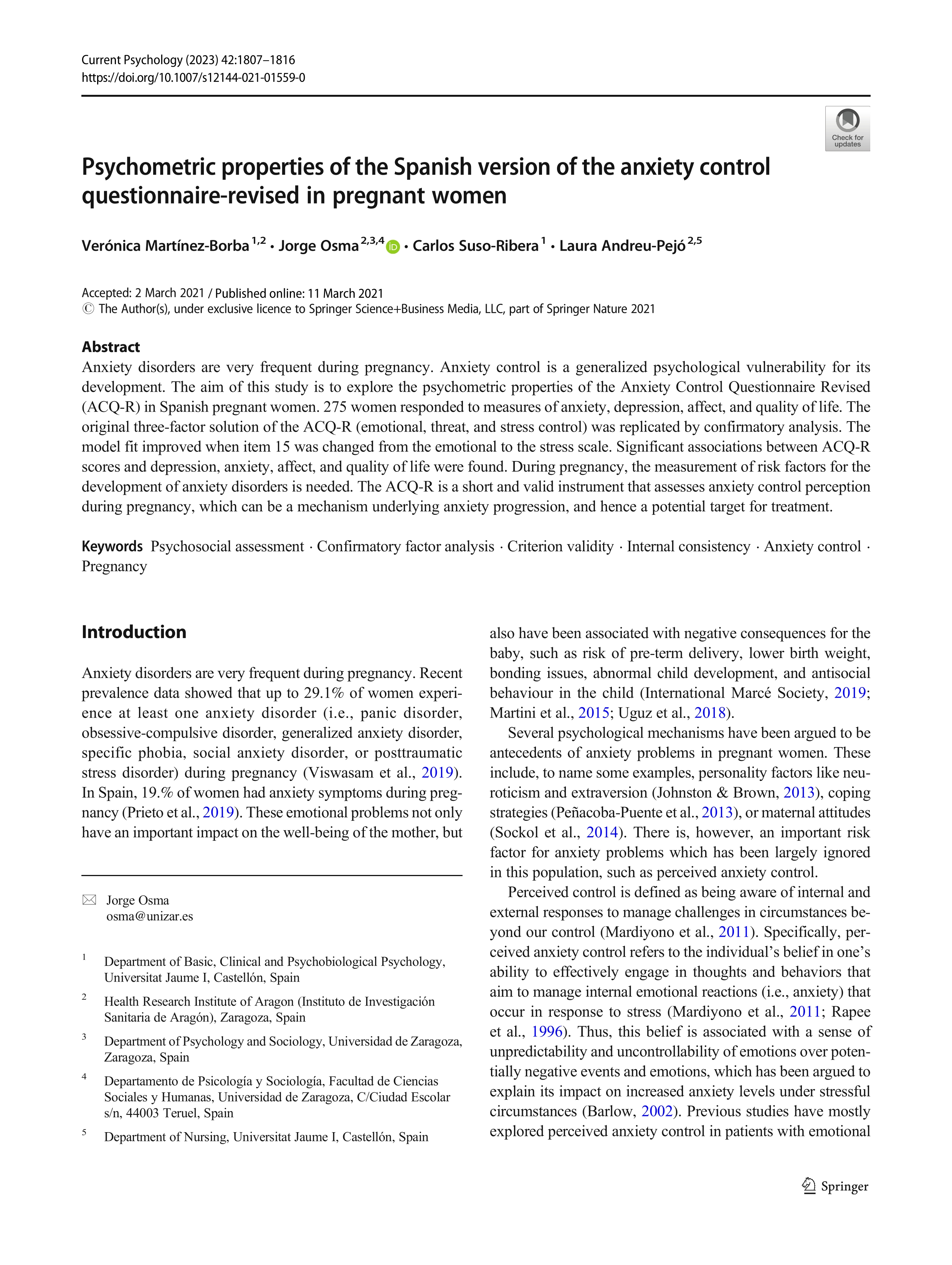 Psychometric properties of the Spanish version of the anxiety control questionnaire-revised in pregnant women