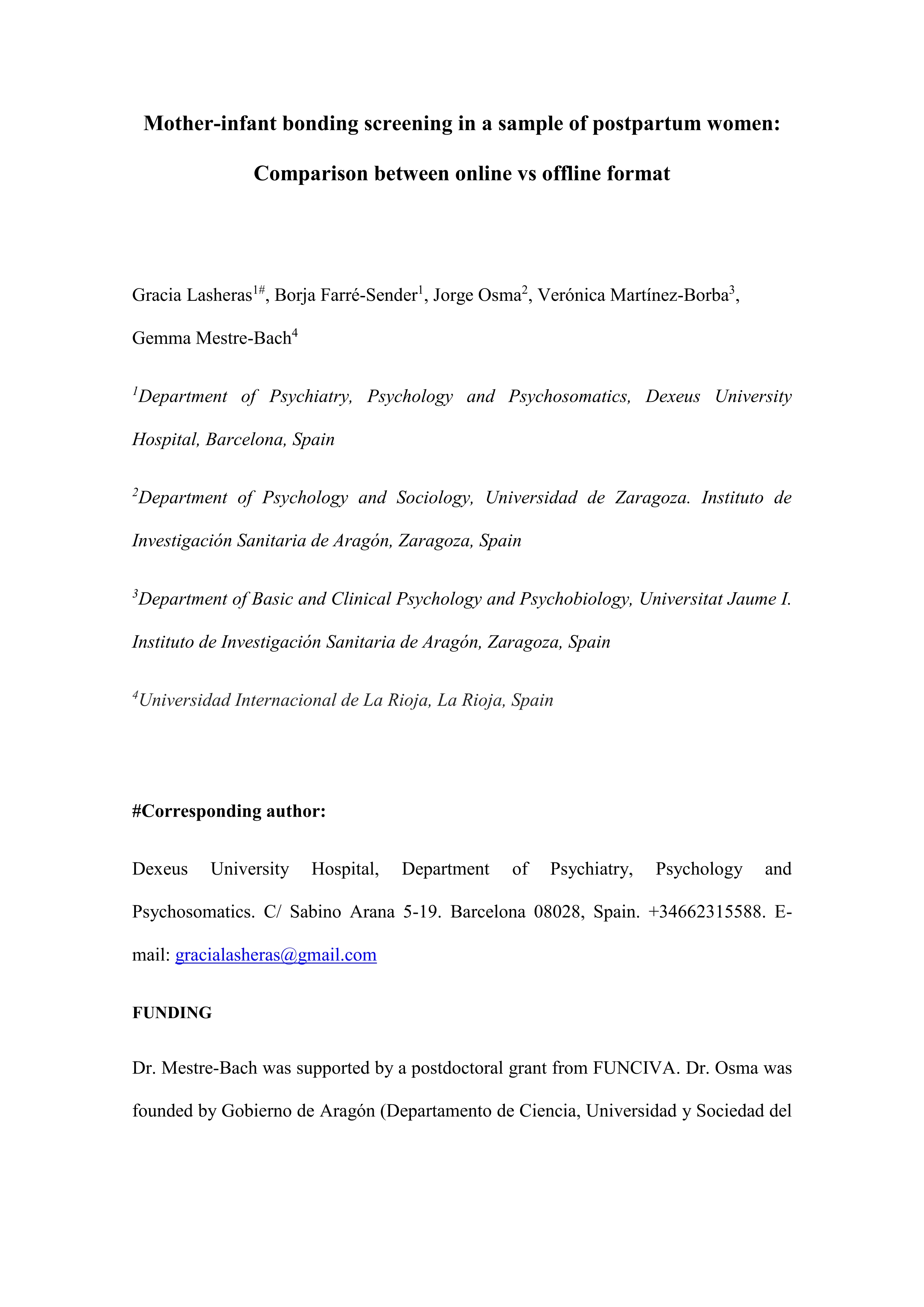 Mother-infant bonding screening in a sample of postpartum women: comparison between online vs offline format