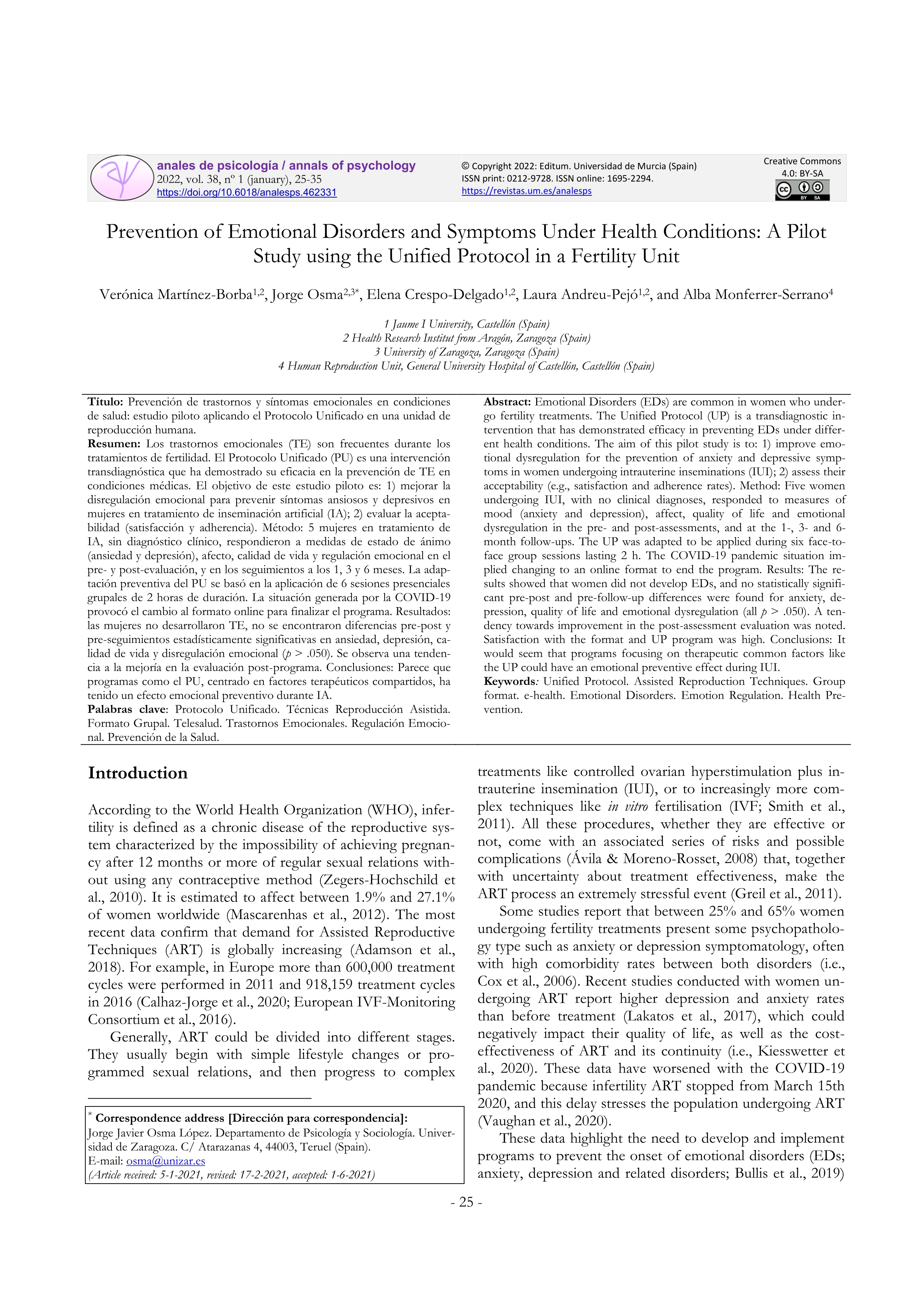 Prevention of Emotional Disorders and Symptoms Under Health Conditions: A Pilot Study using the Unified Protocol in a Fertility Unit