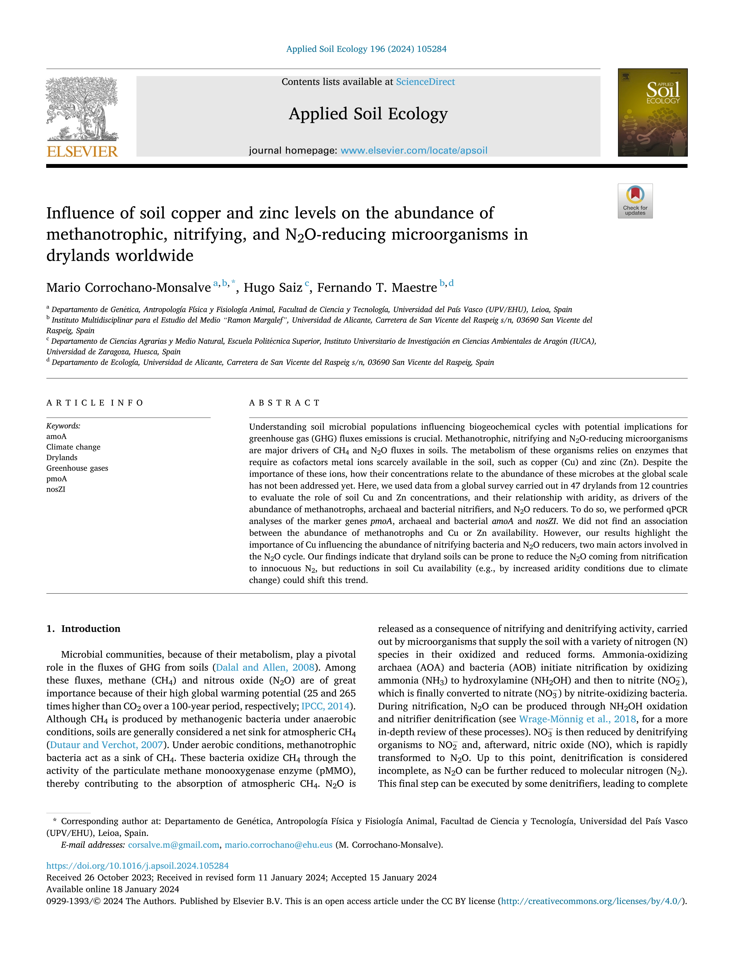 Influence of soil copper and zinc levels on the abundance of methanotrophic, nitrifying, and N2O-reducing microorganisms in drylands worldwide