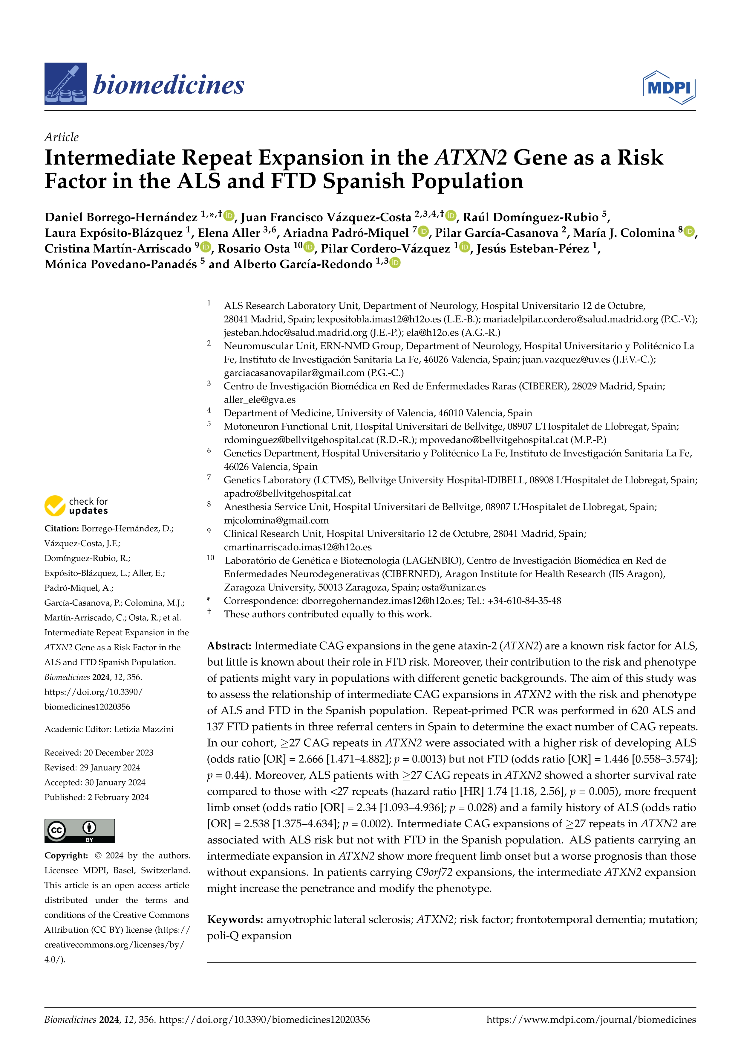 Intermediate Repeat Expansion in the ATXN2 Gene as a Risk Factor in the ALS and FTD Spanish Population