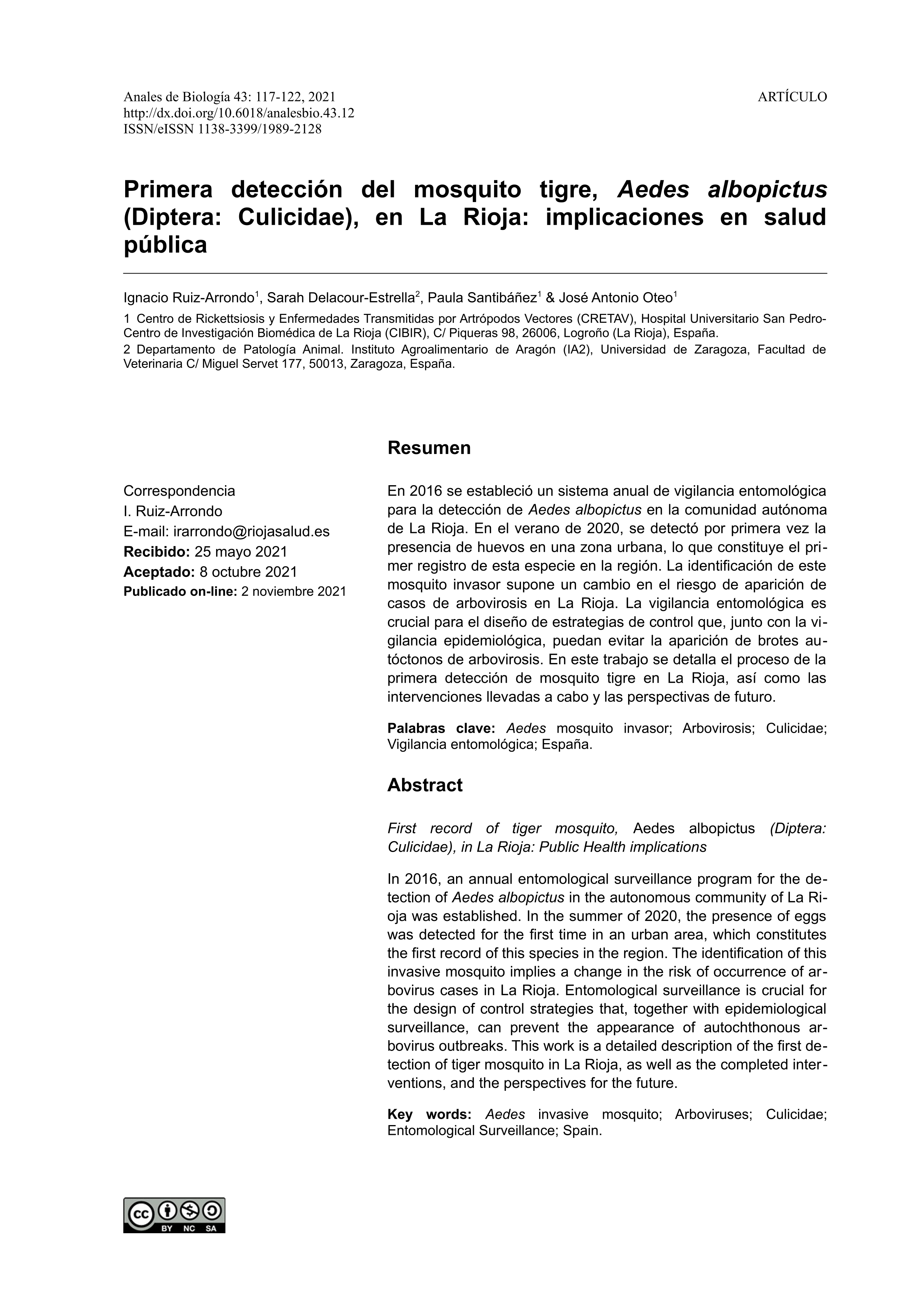 Primera detección del mosquito tigre, Aedes albopictus (Diptera: Culicidae), en La Rioja: implicaciones en salud pública