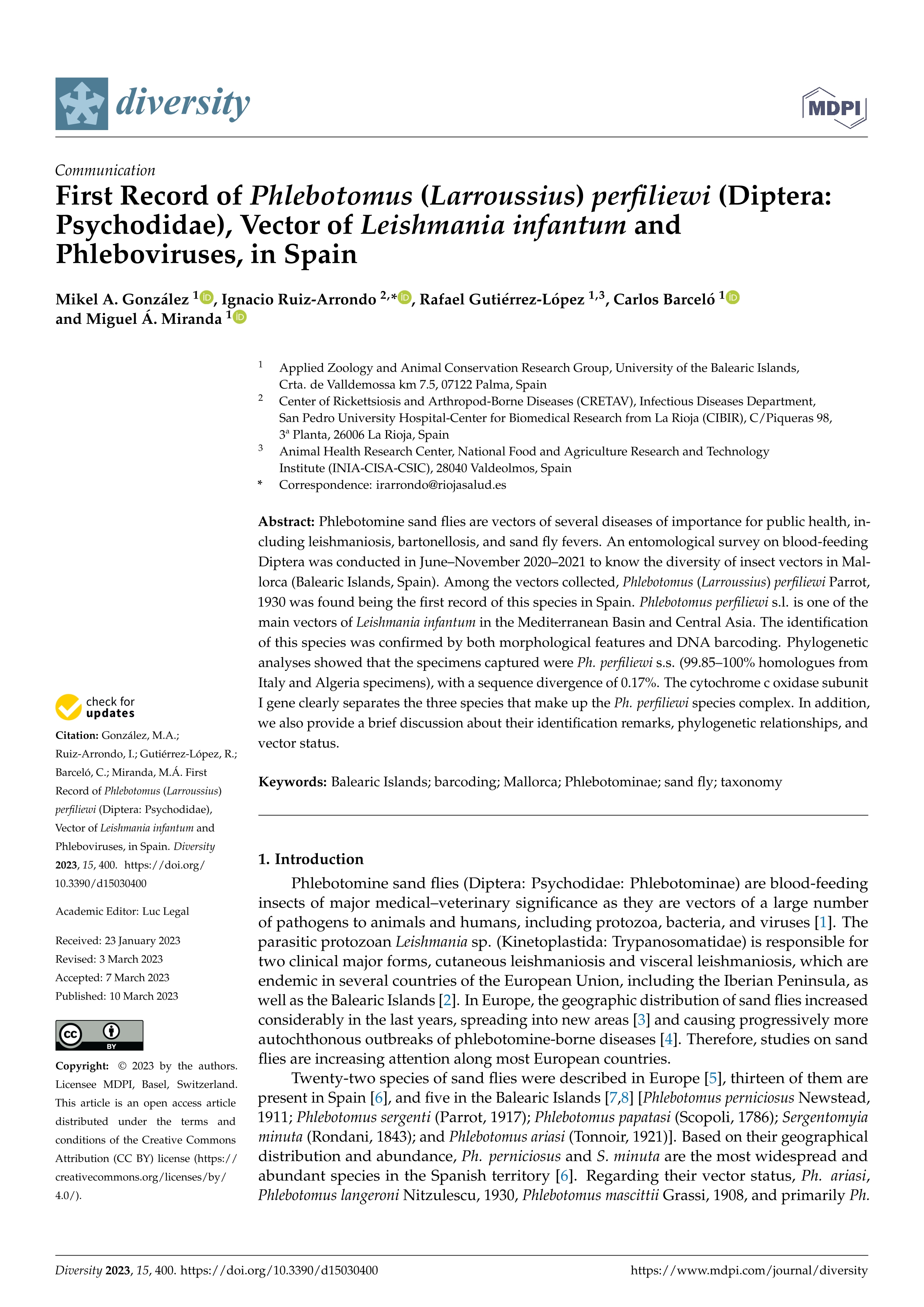 First Record of Phlebotomus (Larroussius) perfiliewi (Diptera: Psychodidae), Vector of Leishmania infantum and Phleboviruses, in Spain