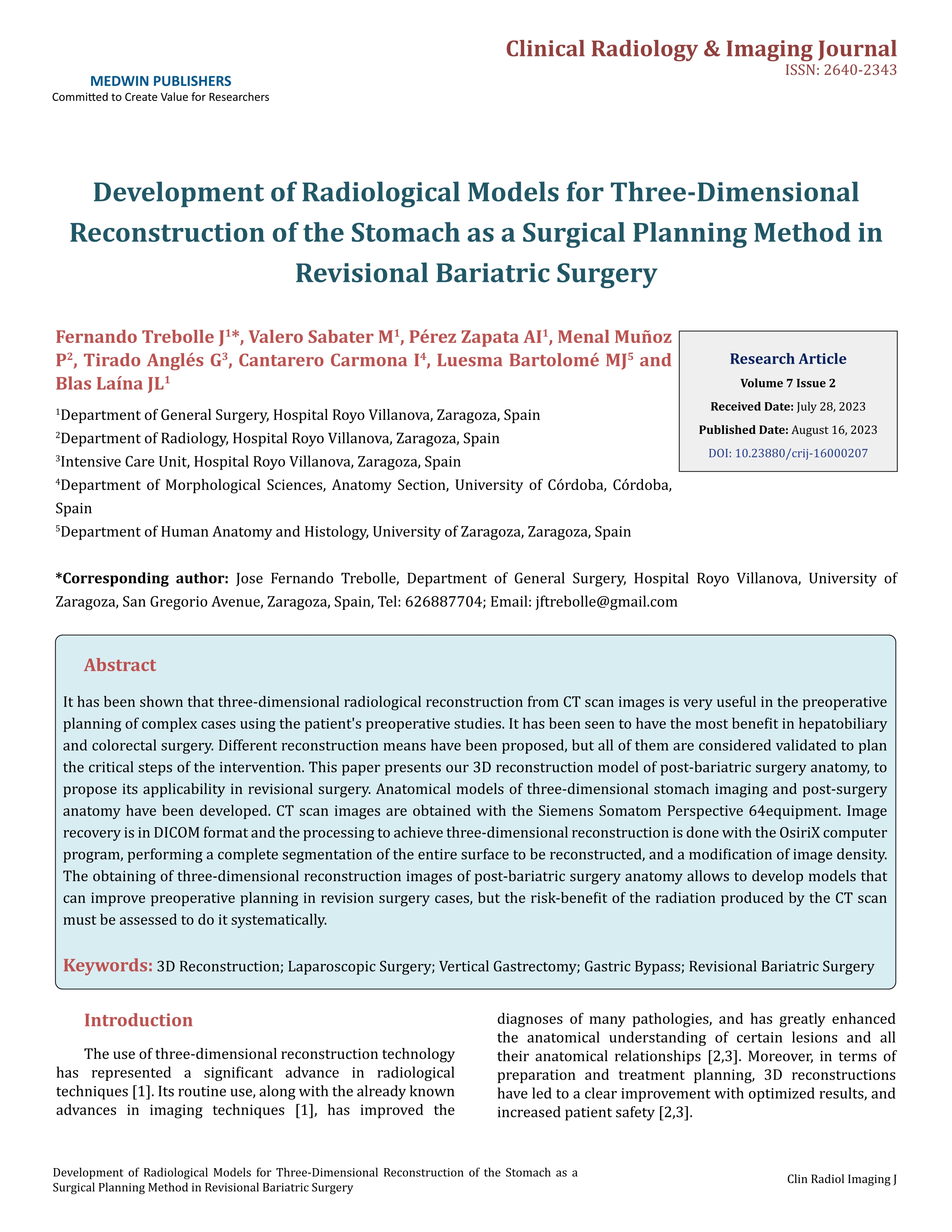 Development of Radiological Models for Three-Dimensional Reconstruction of the Stomach as a Surgical Planning Method in Revisional Bariatric Surgery