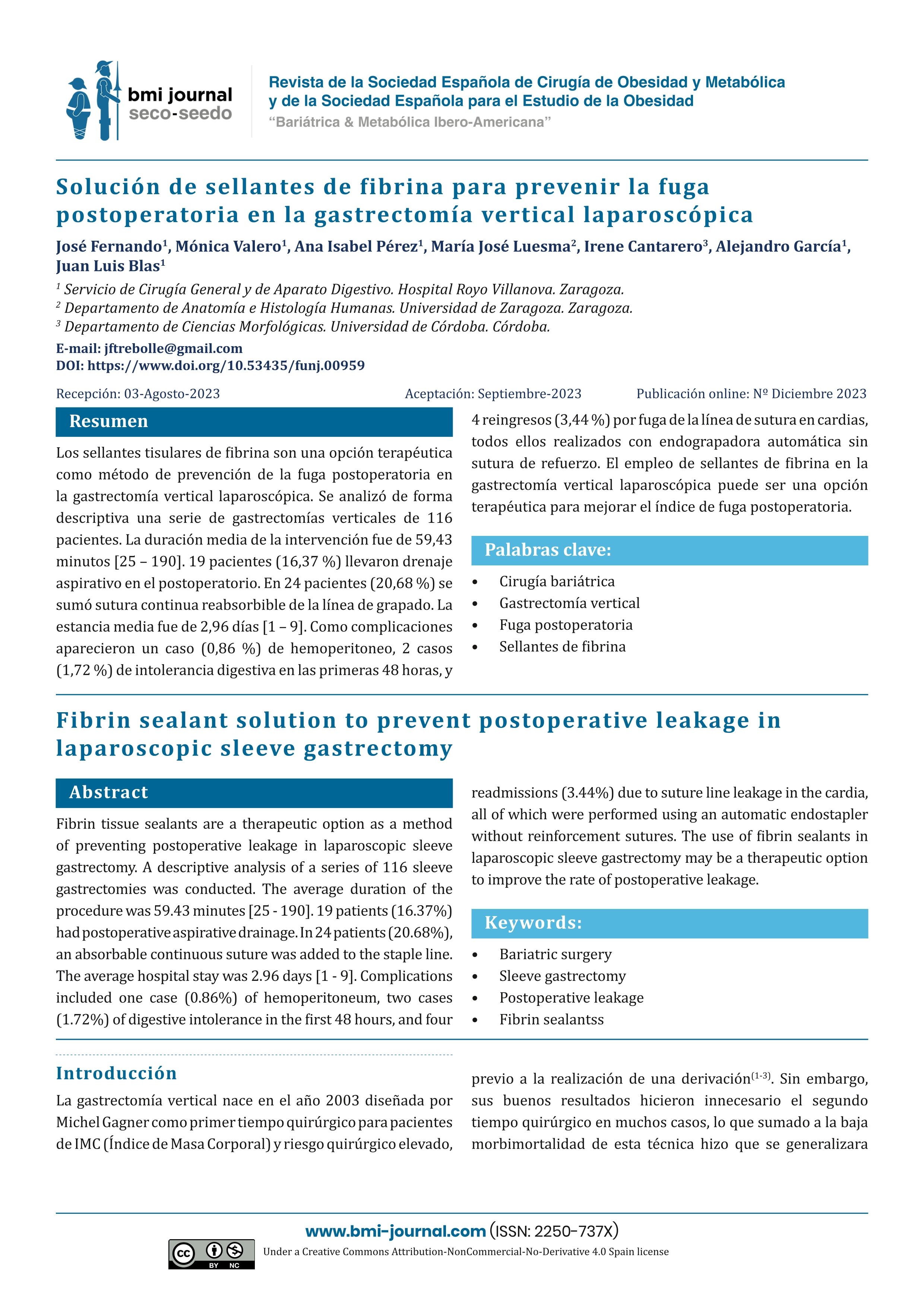 Solución de sellantes de fibrina para prevenir la fuga postoperatoria en la gastrectomía vertical laparoscópica