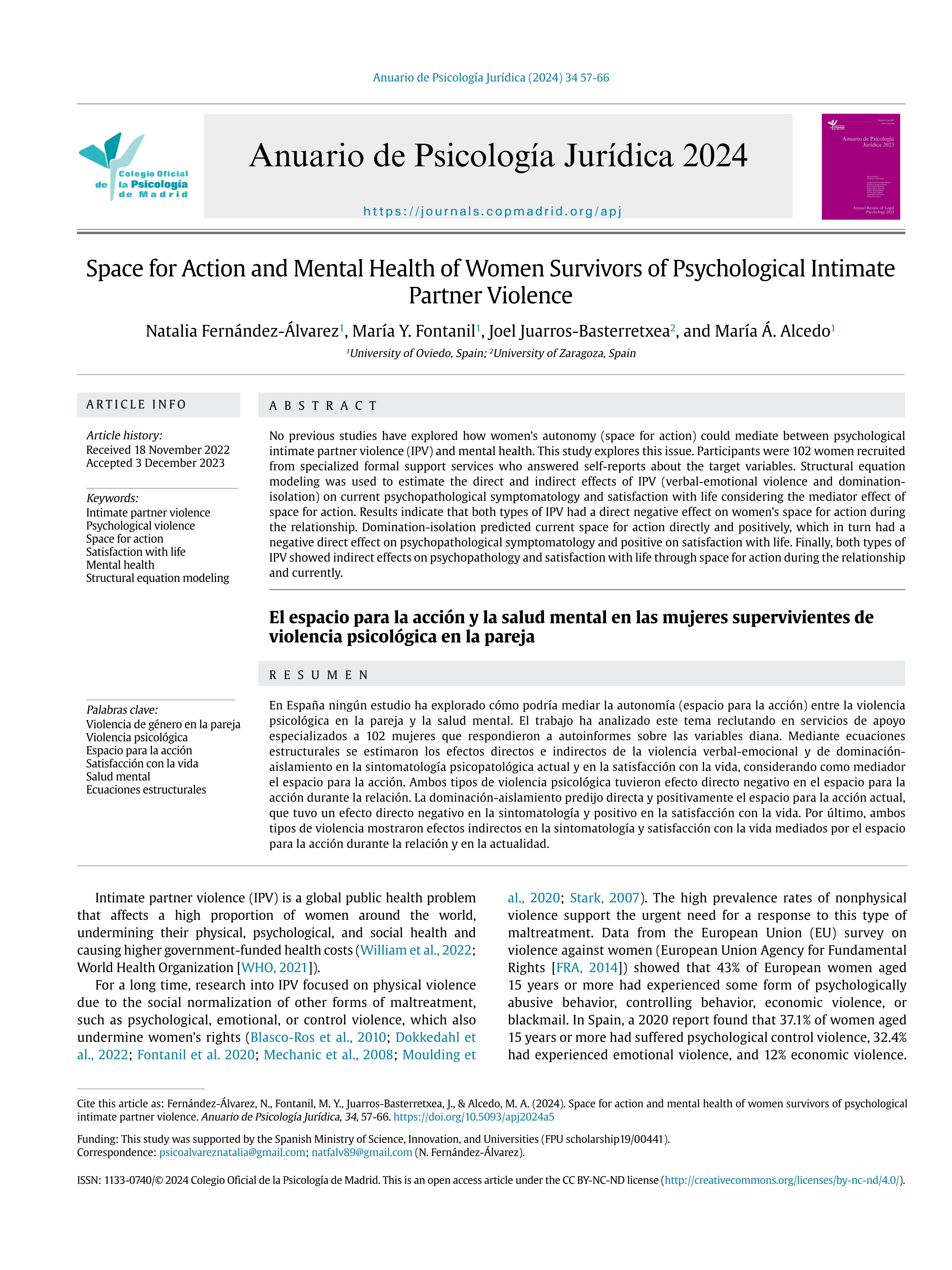 Space for action and mental health of women survivors of psychological intimate partner violence