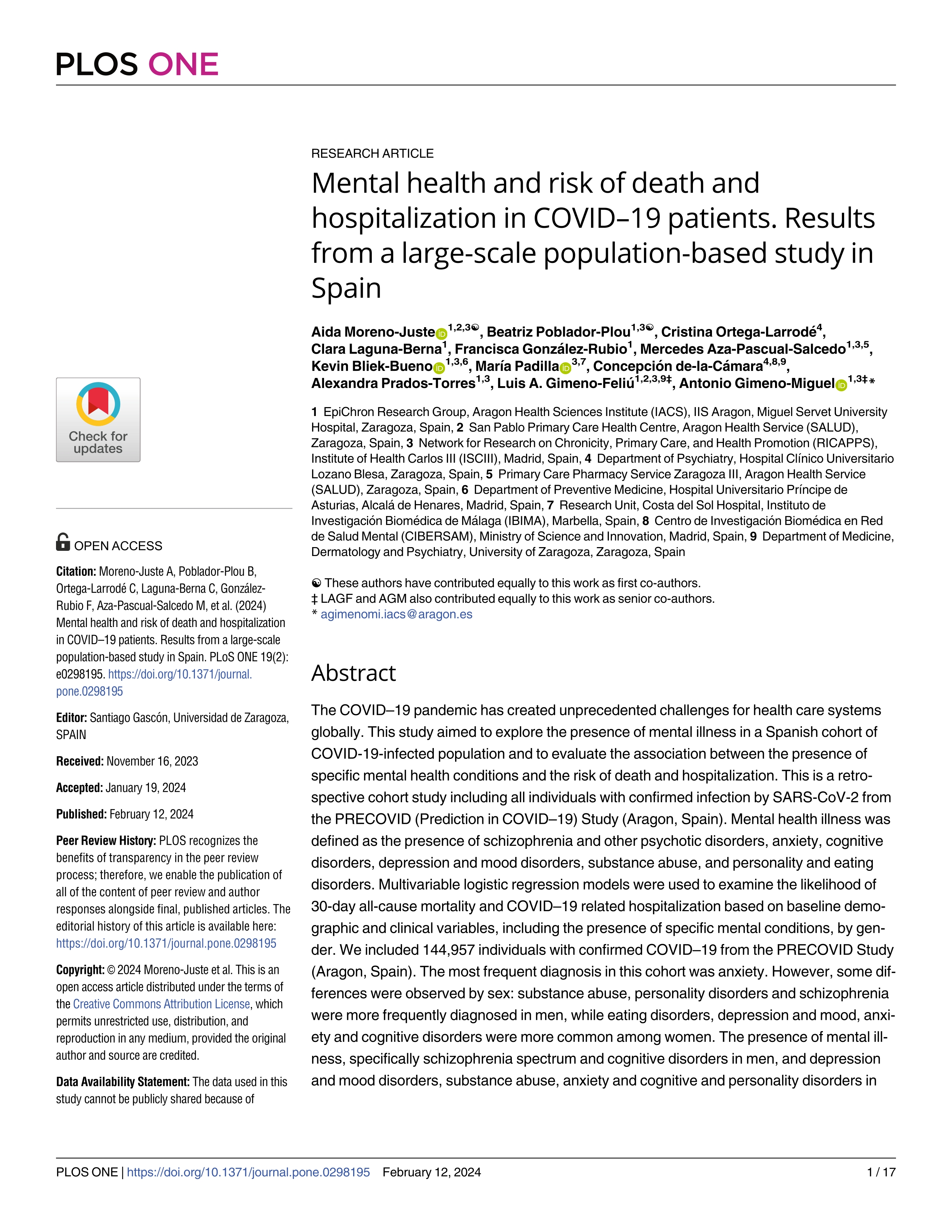 Mental health and risk of death and hospitalization in COVID–19 patients. Results from a large-scale population-based study in Spain