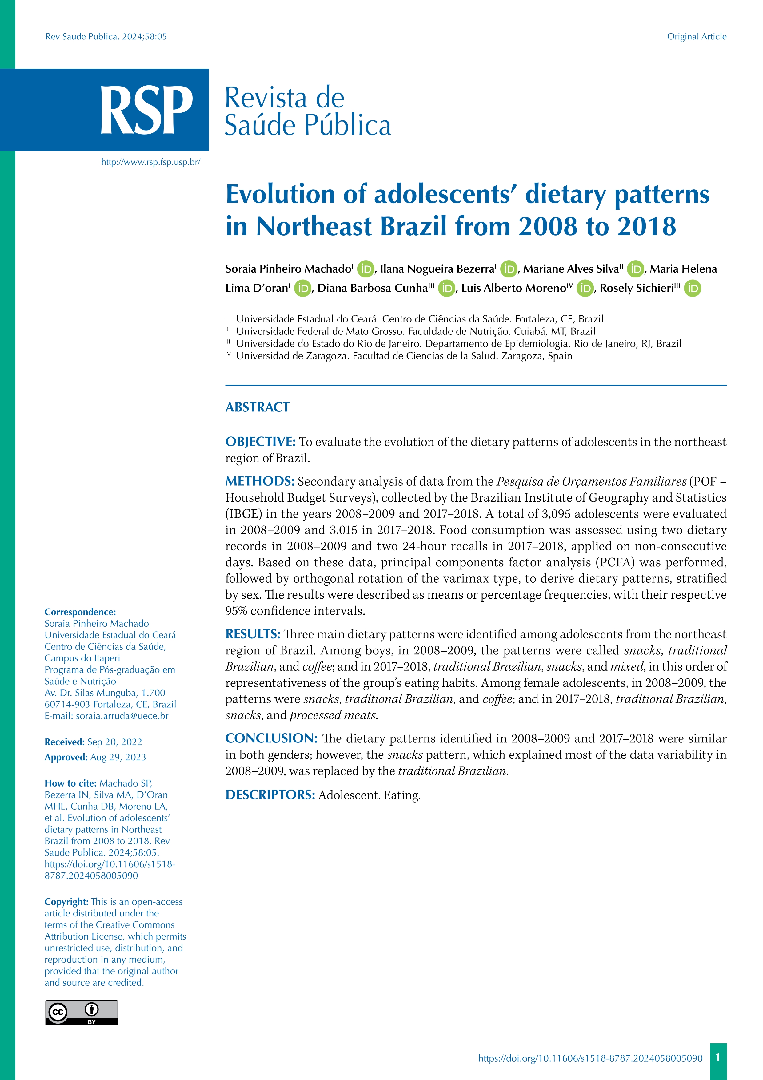 Evolution of adolescents’ dietary patterns in Northeast Brazil from 2008 to 2018