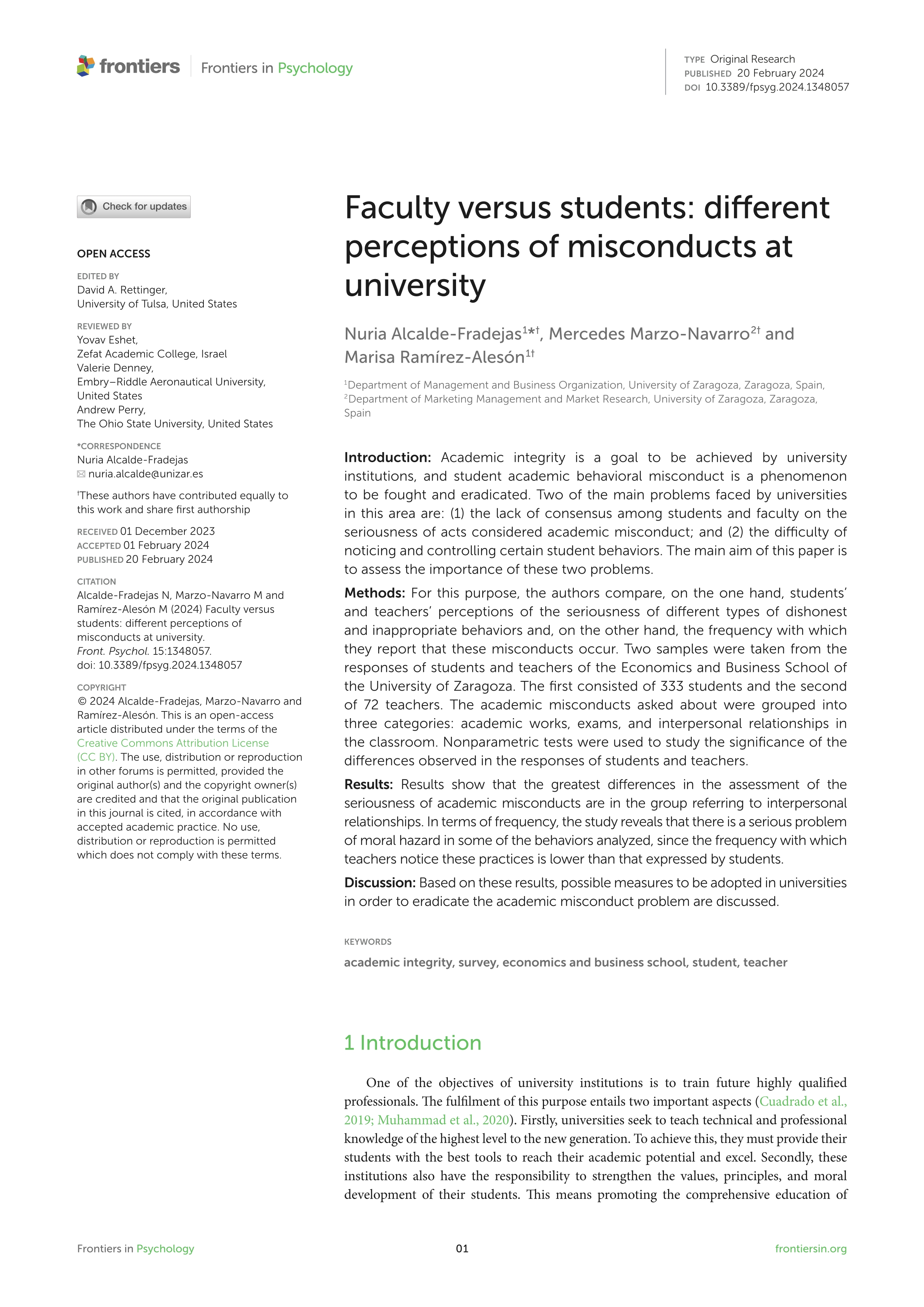Faculty versus students: different perceptions of misconducts at university