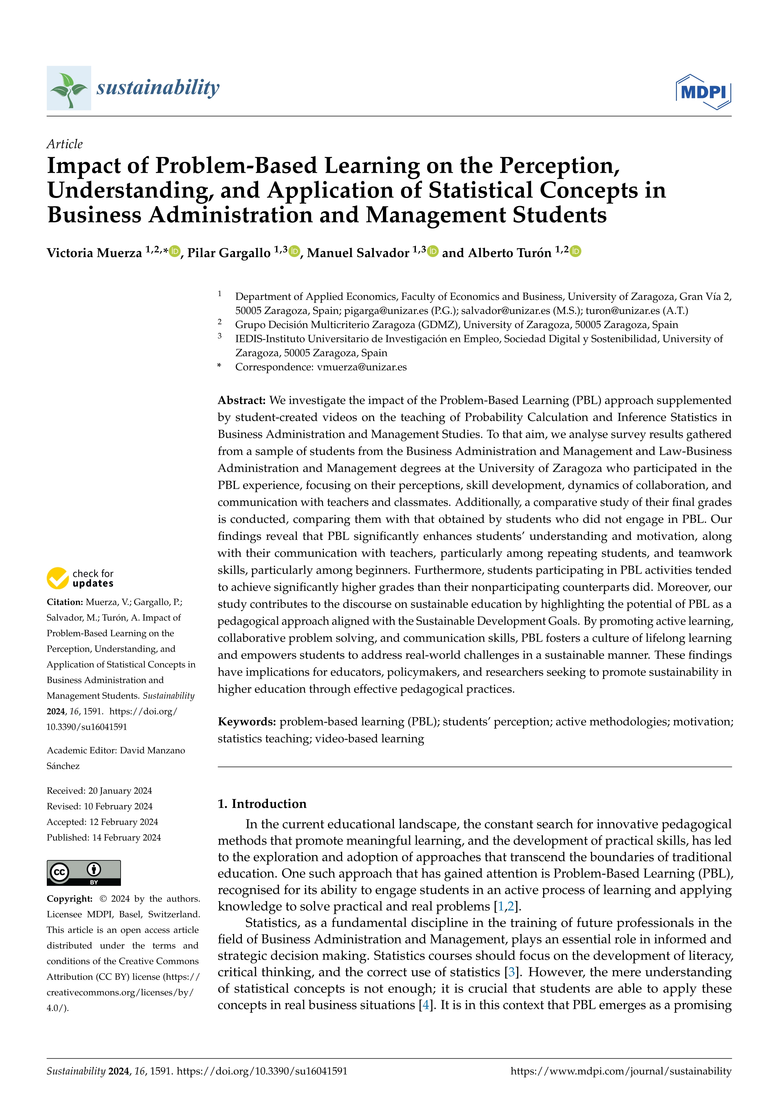 Impact of Problem-Based Learning on the Perception, Understanding, and Application of Statistical Concepts in Business Administration and Management Students