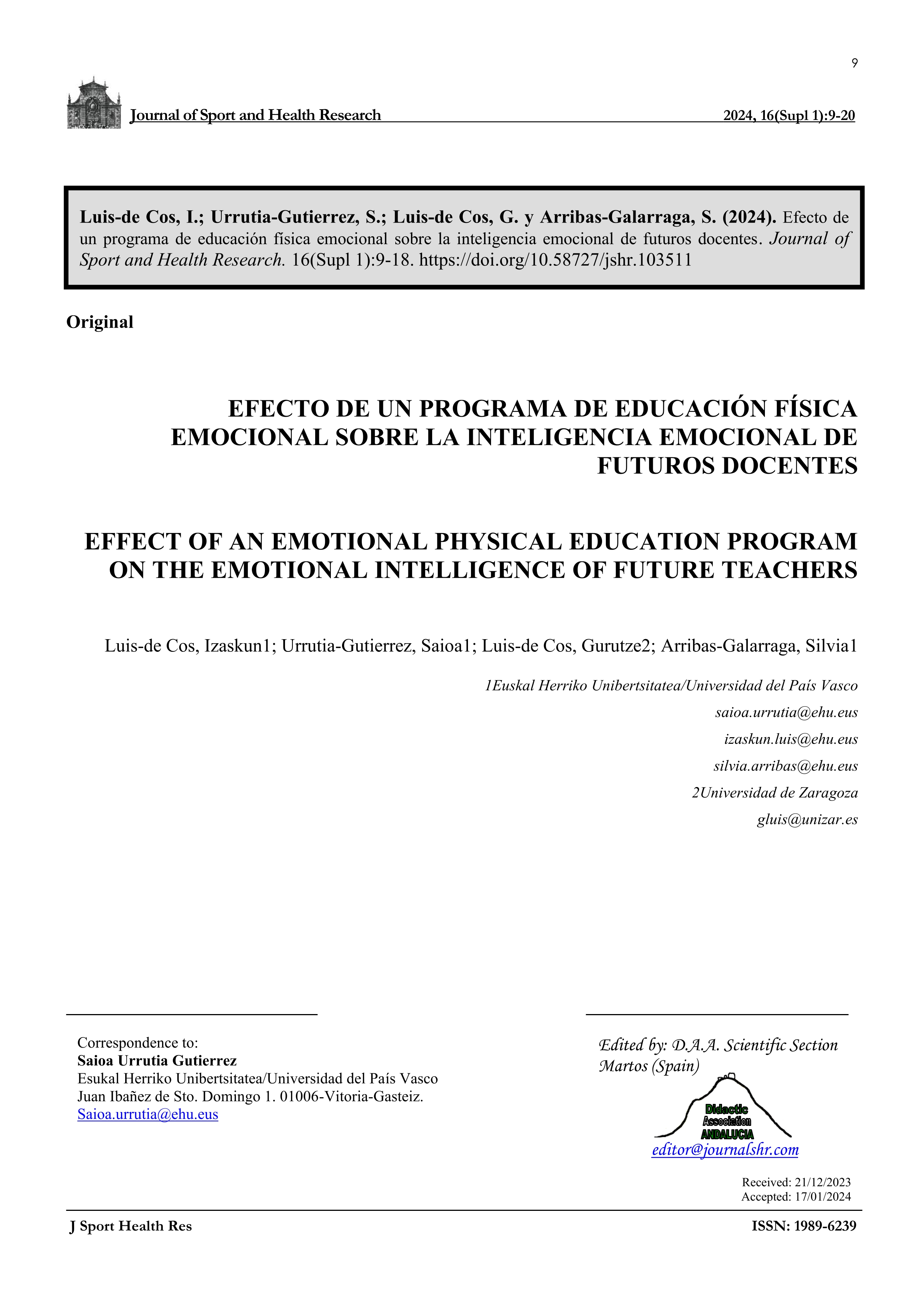Efecto de un programa de educación física emocional sobre la inteligencia emocional de futuros docentes