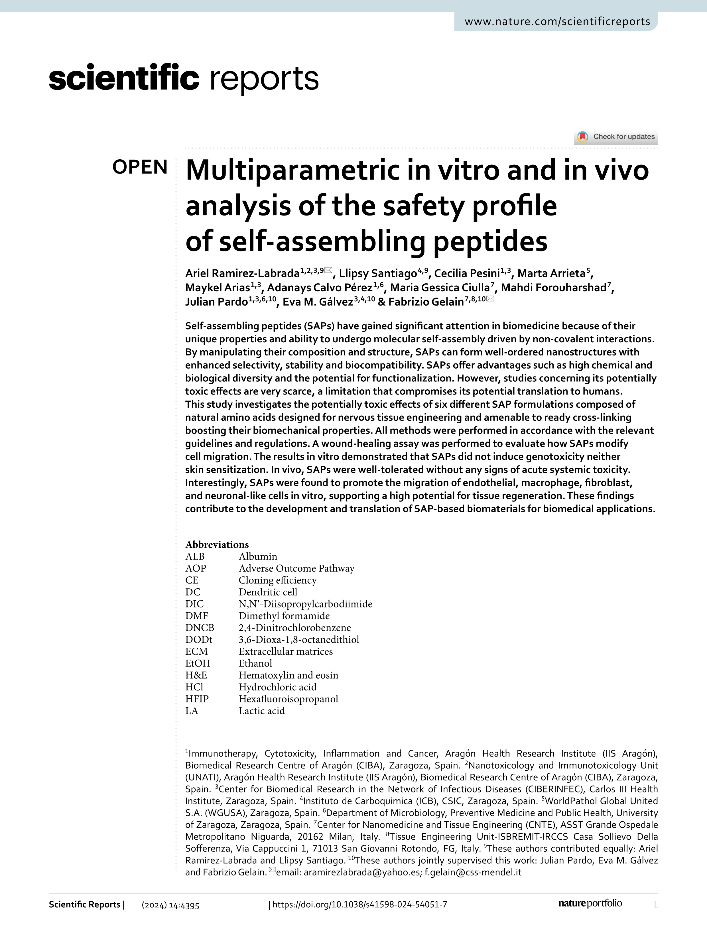 Multiparametric in vitro and in vivo analysis of the safety profile of self-assembling peptides