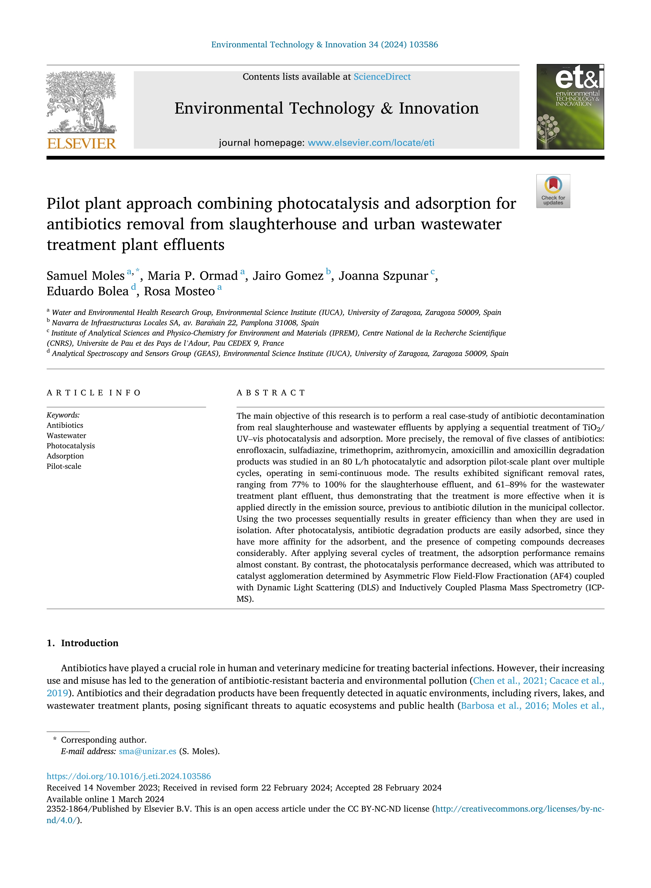 Pilot plant approach combining photocatalysis and adsorption for antibiotics removal from slaughterhouse and urban wastewater treatment plant effluents