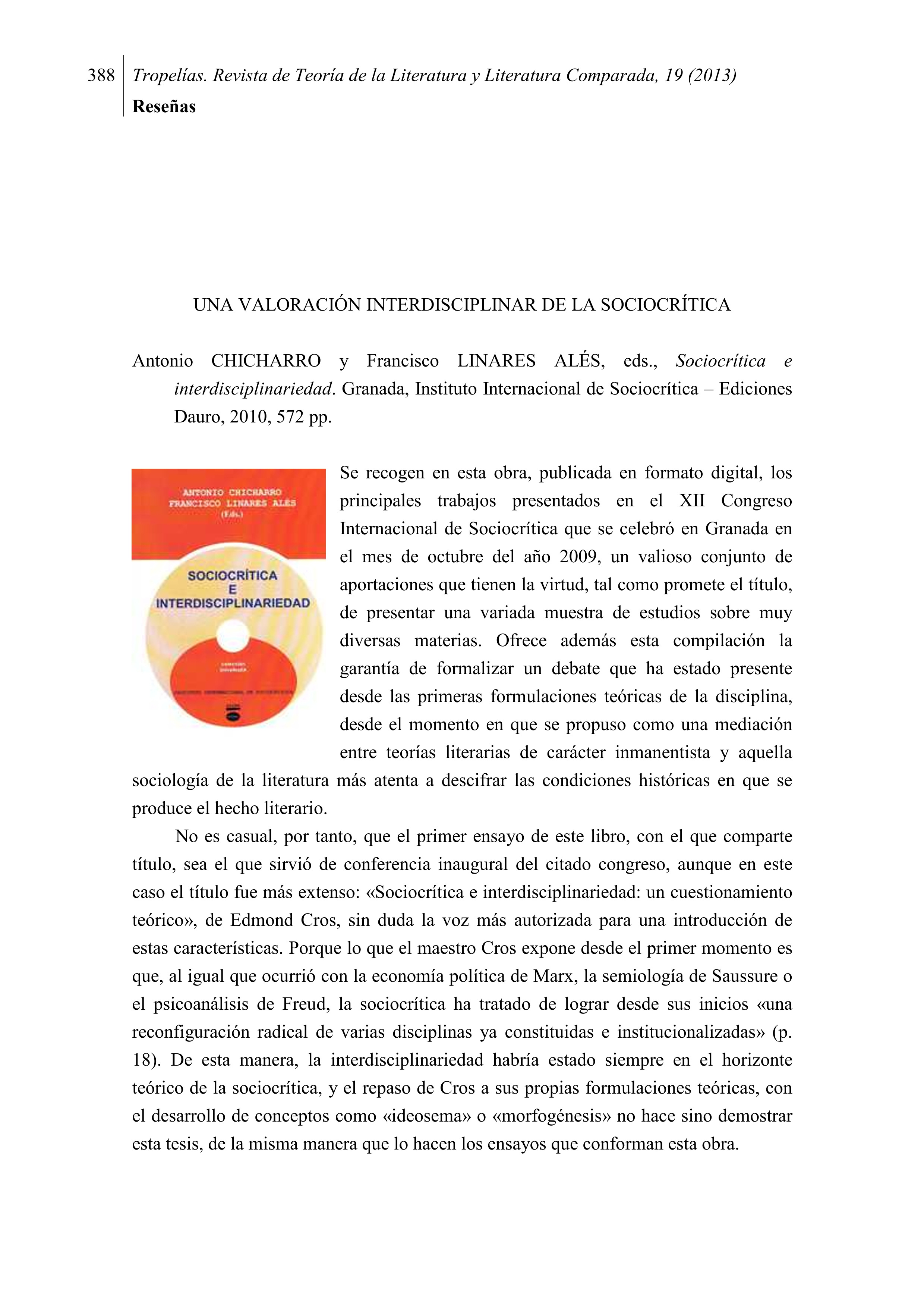 Antonio Chicharro y Francisco Linares Alés, eds., Sociocrítica e interdisciplinariedad