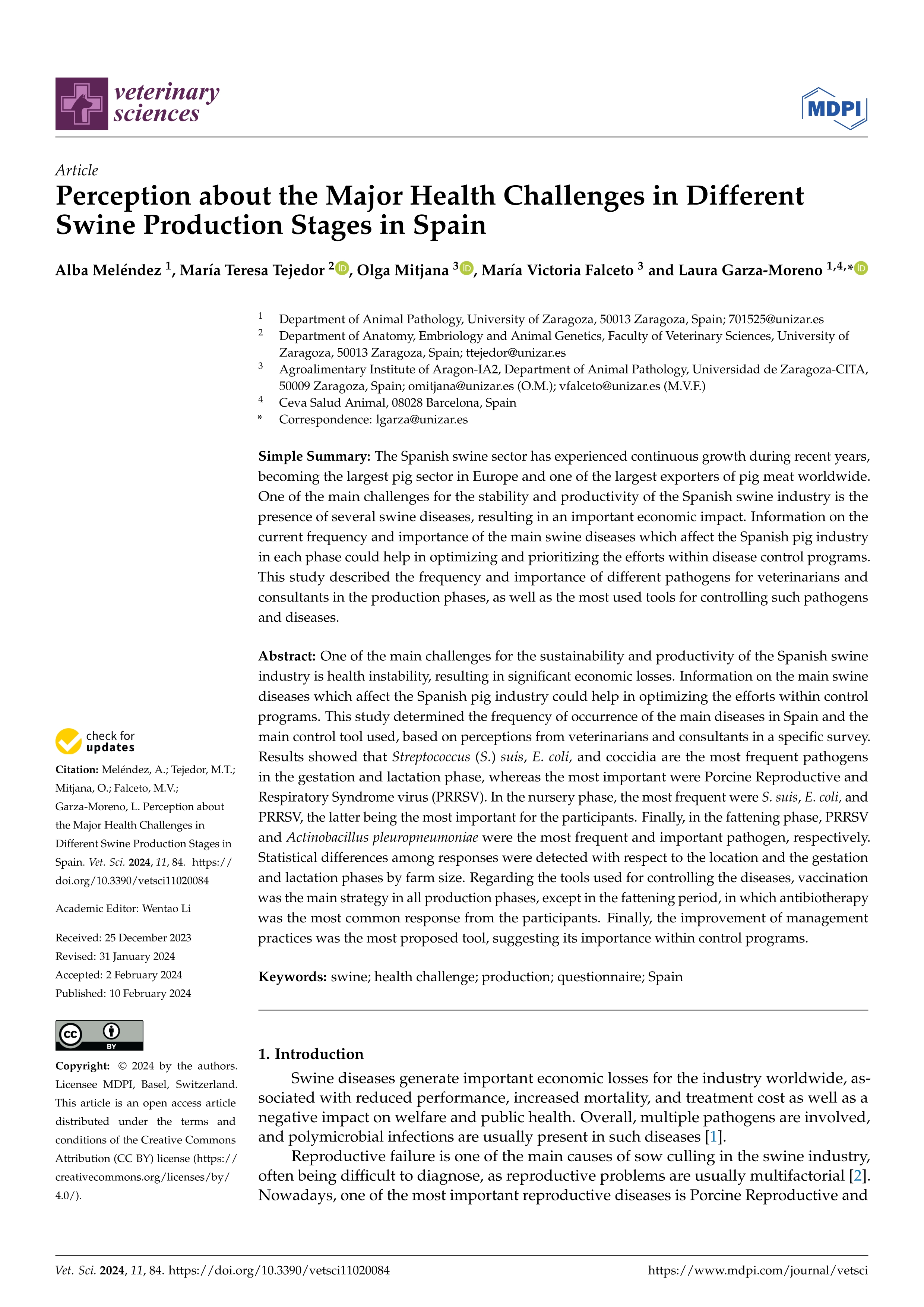 Perception about the Major Health Challenges in Different Swine Production Stages in Spain