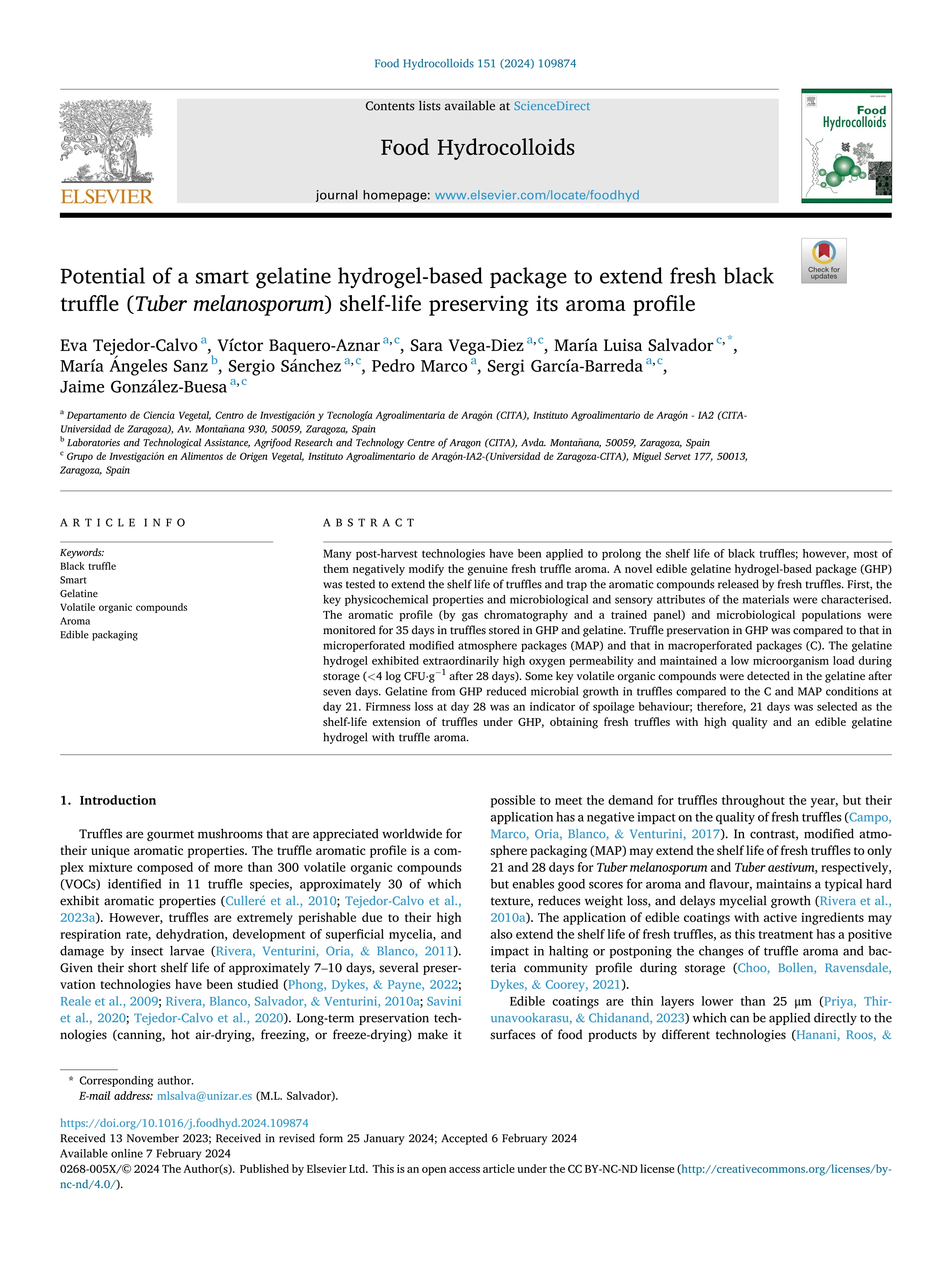 Potential of a smart gelatine hydrogel-based package to extend fresh black truffle (Tuber melanosporum) shelf-life preserving its aroma profile