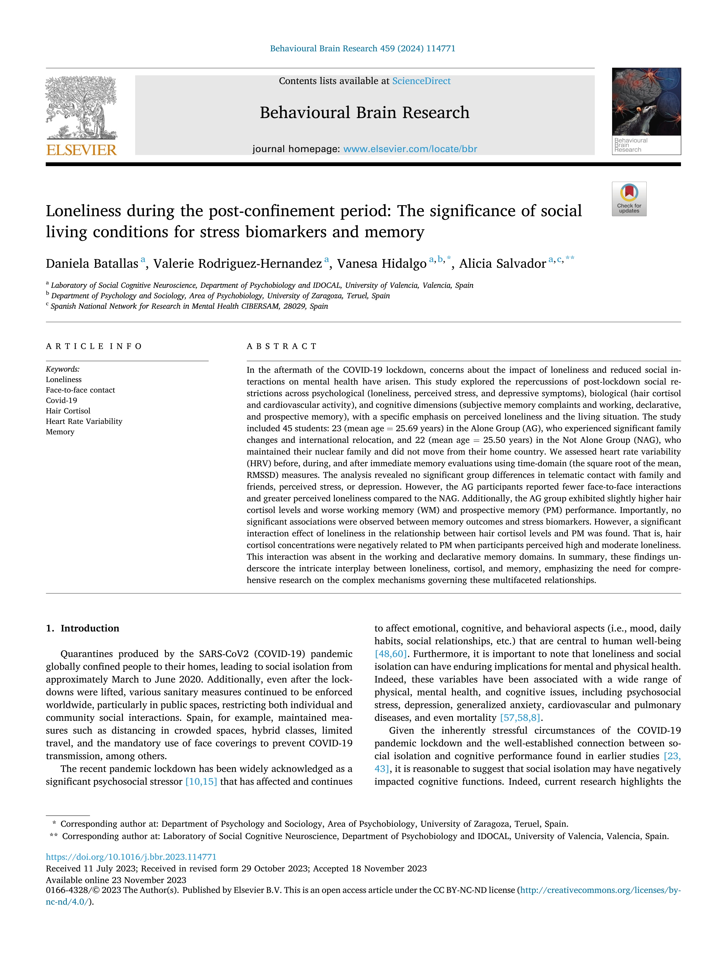 Loneliness during the post-confinement period: The significance of social living conditions for stress biomarkers and memory