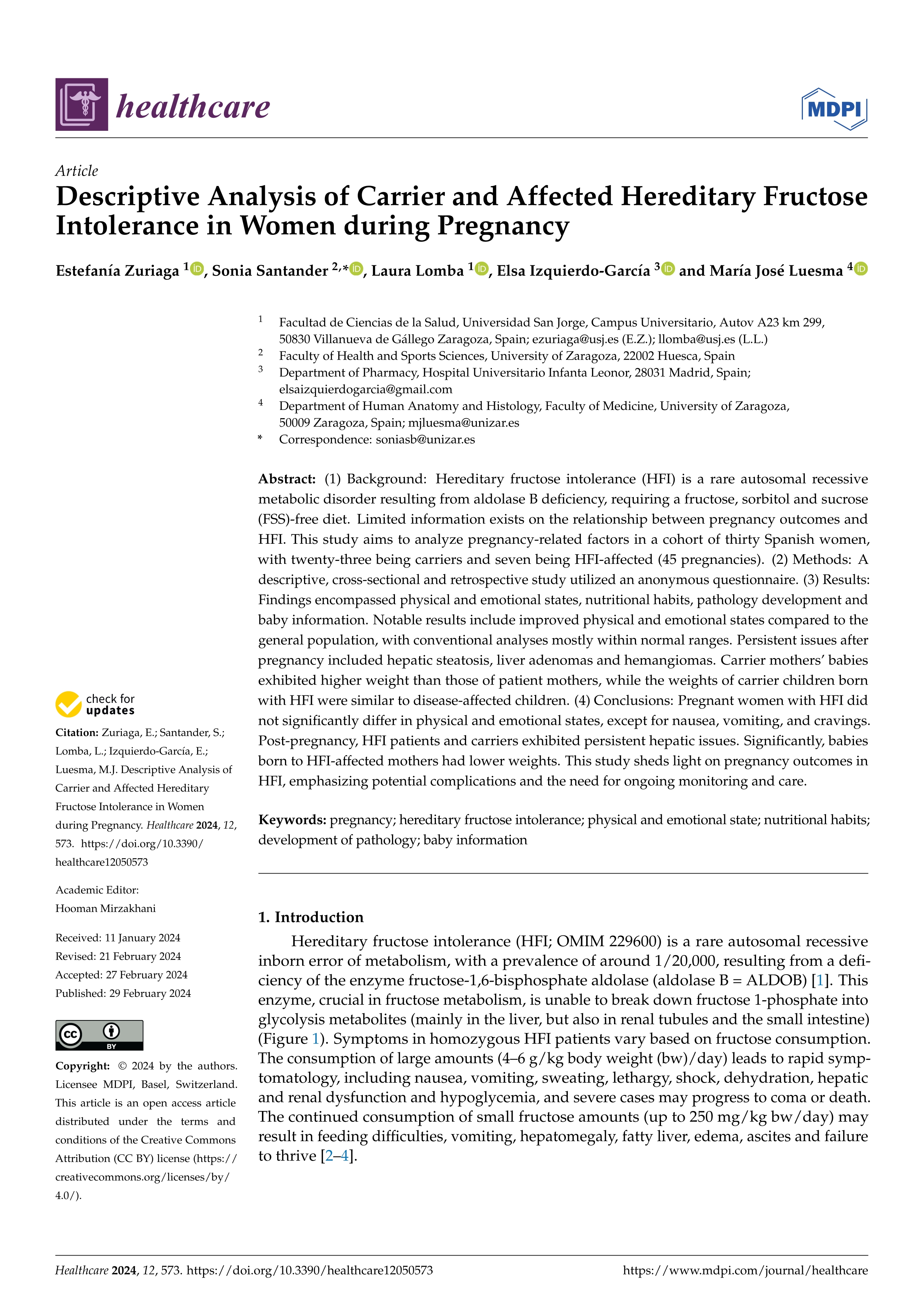 Descriptive Analysis of Carrier and Affected Hereditary Fructose Intolerance in Women during Pregnancy