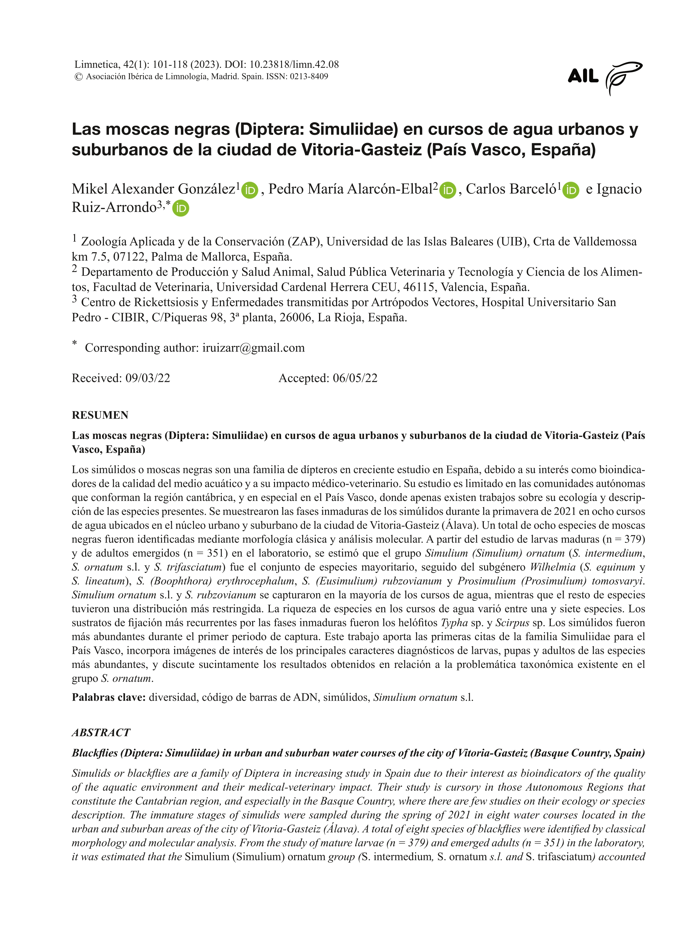 Las moscas negras (Diptera: Simuliidae) en cursos de agua urbanos y suburbanos de la ciudad de Vitoria-Gasteiz (País Vasco, España)