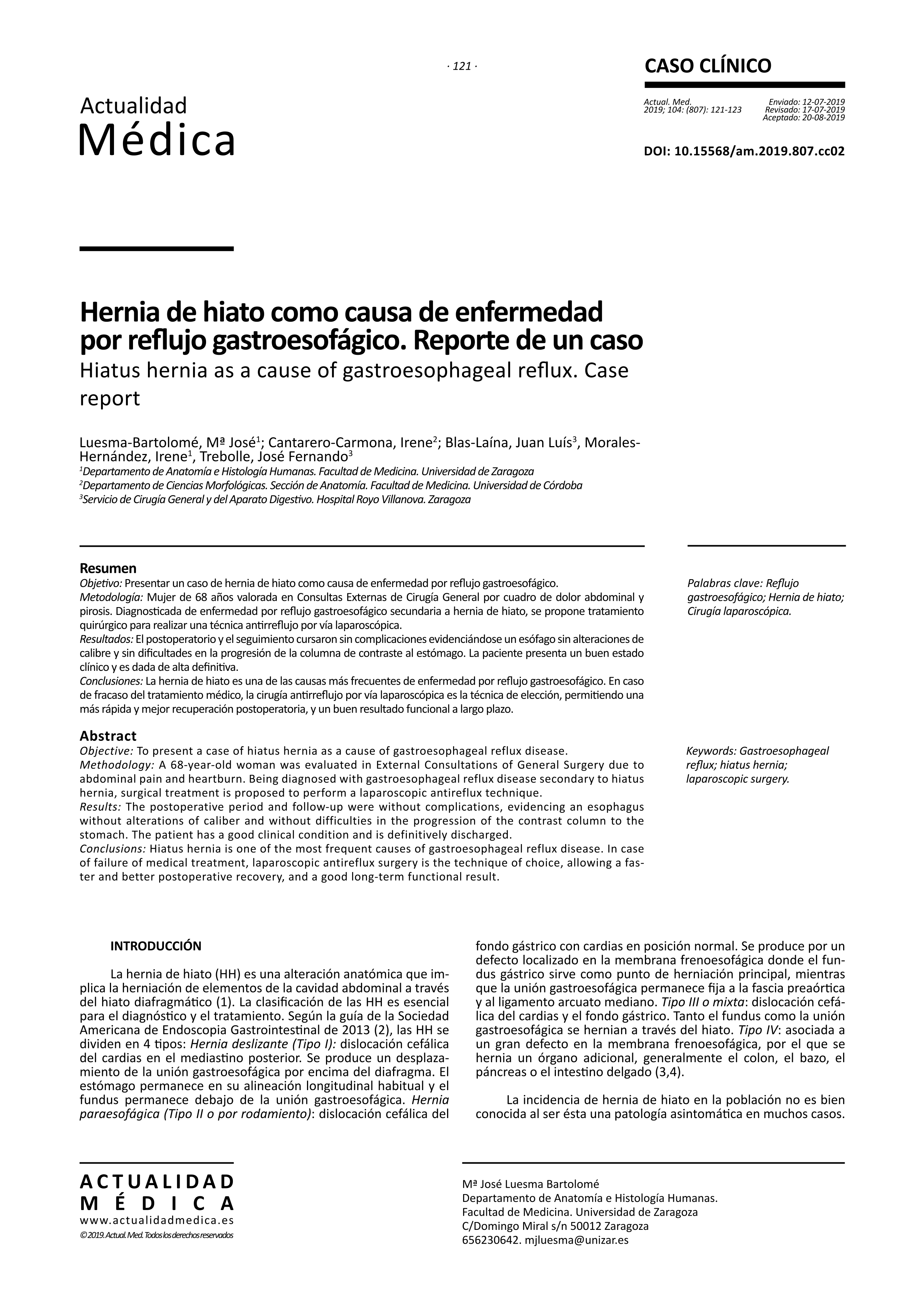 Hernia de hiato como causa de enfermedad por reflujo gastroesofágico. Reporte de un caso