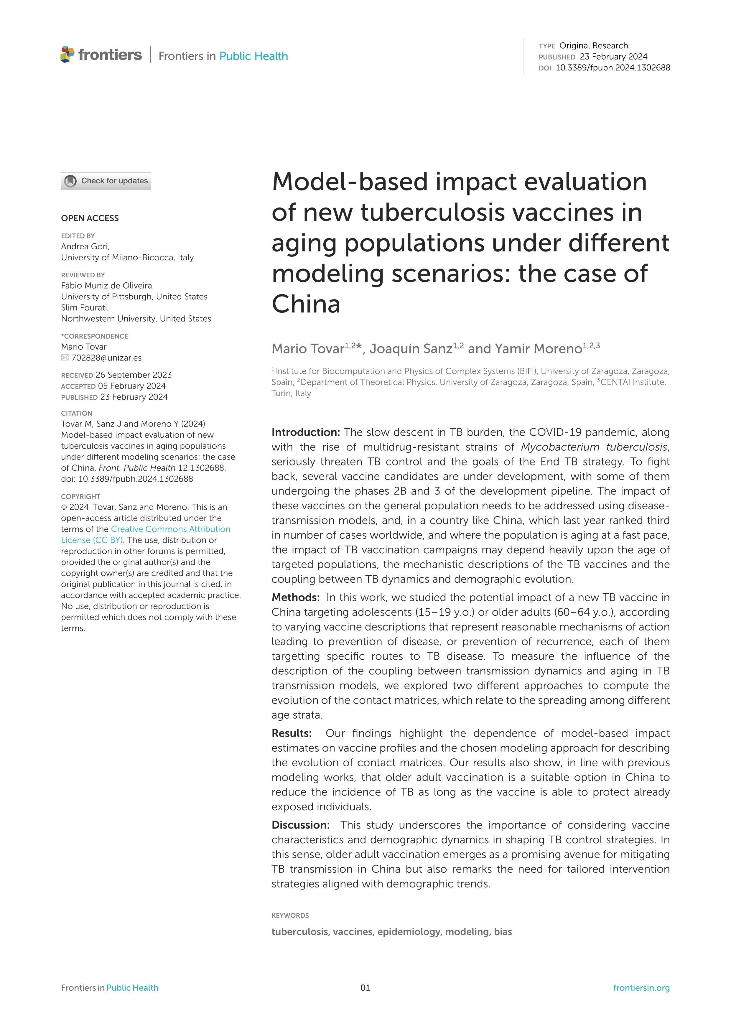 Model-based impact evaluation of new tuberculosis vaccines in aging populations under different modeling scenarios: the case of China