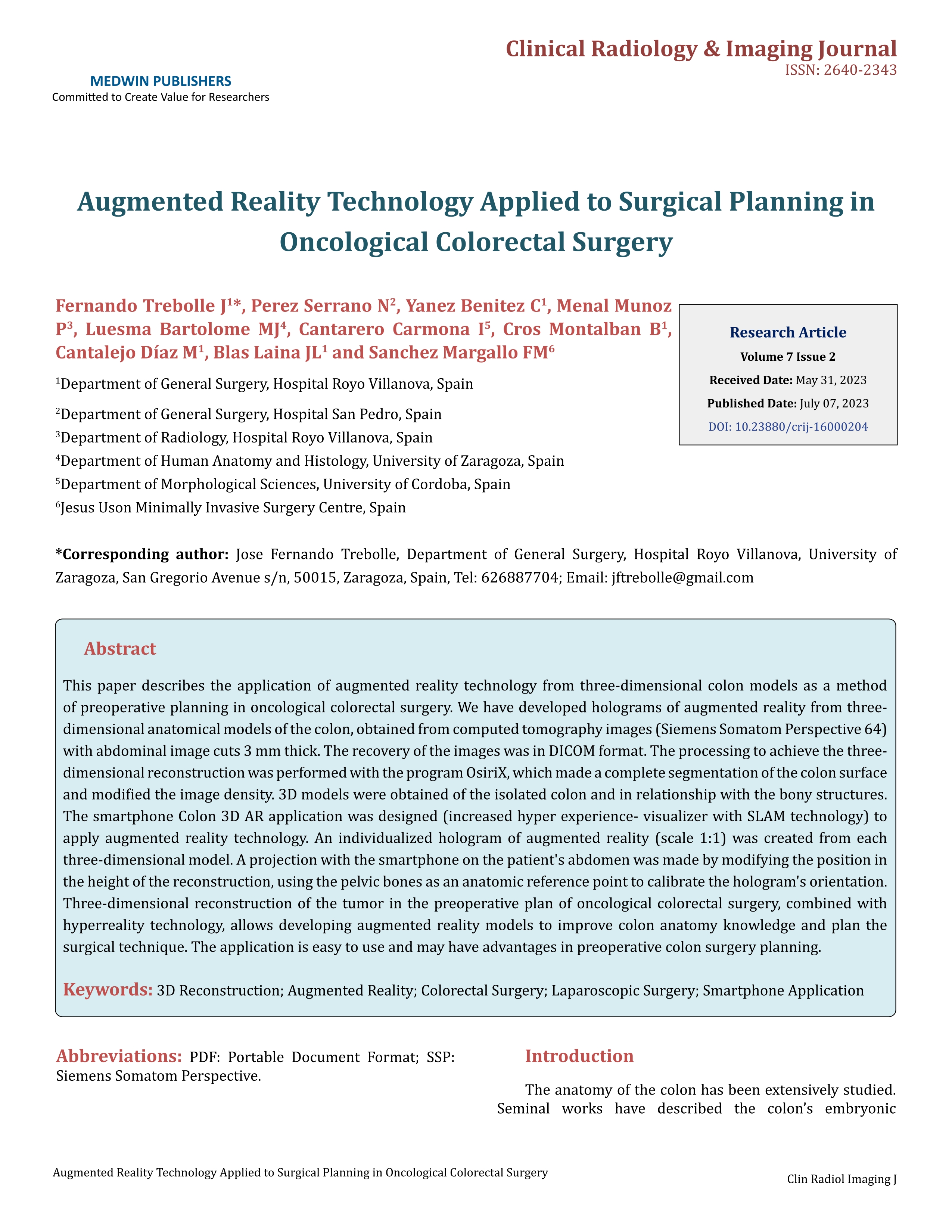 Augmented Reality Technology Applied to Surgical Planning in Oncological Colorectal Surgery