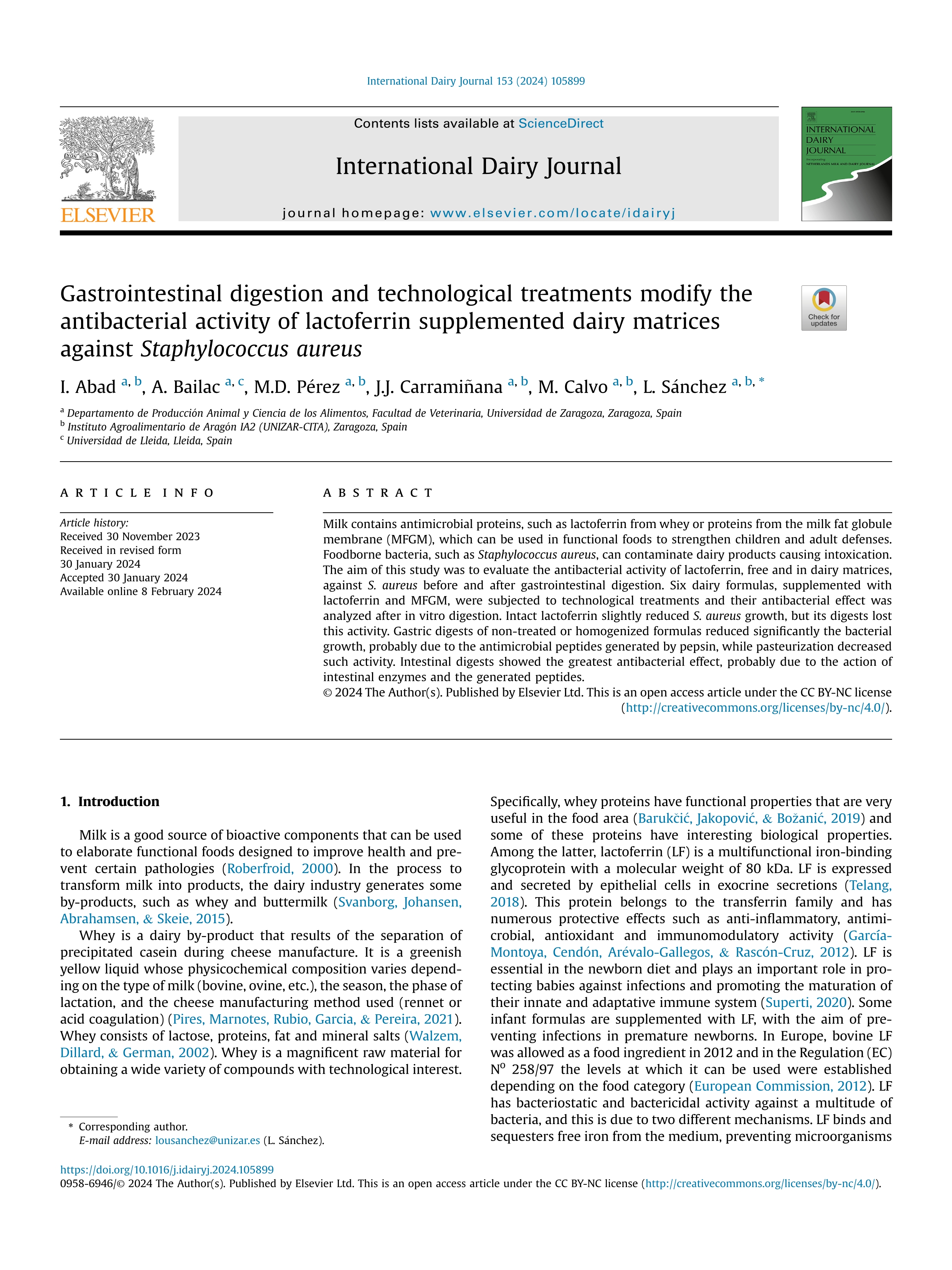 Gastrointestinal digestion and technological treatments modify the antibacterial activity of lactoferrin supplemented dairy matrices against Staphylococcus aureus