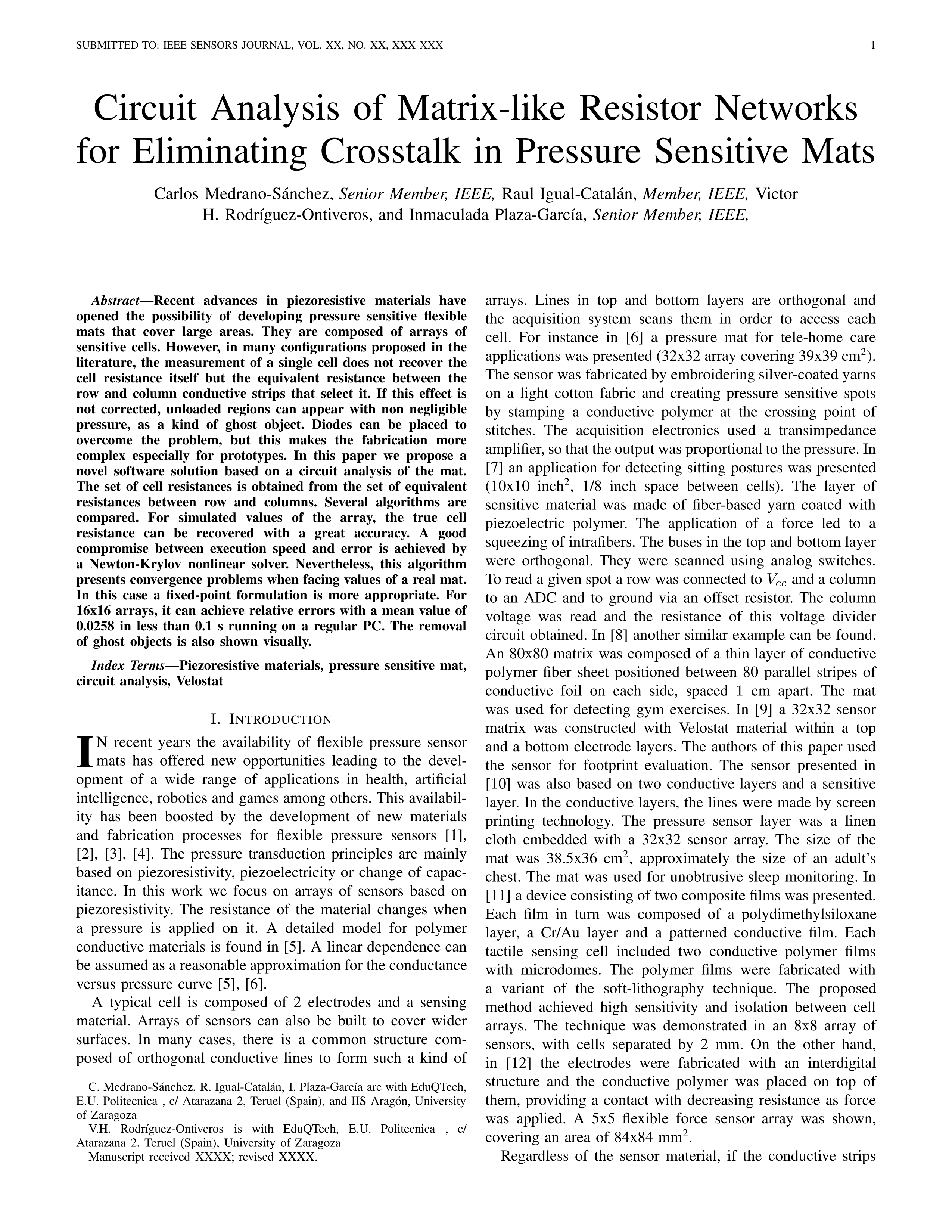 Circuit analysis of matrix-like resistor networks for eliminating crosstalk in pressure sensitive mats