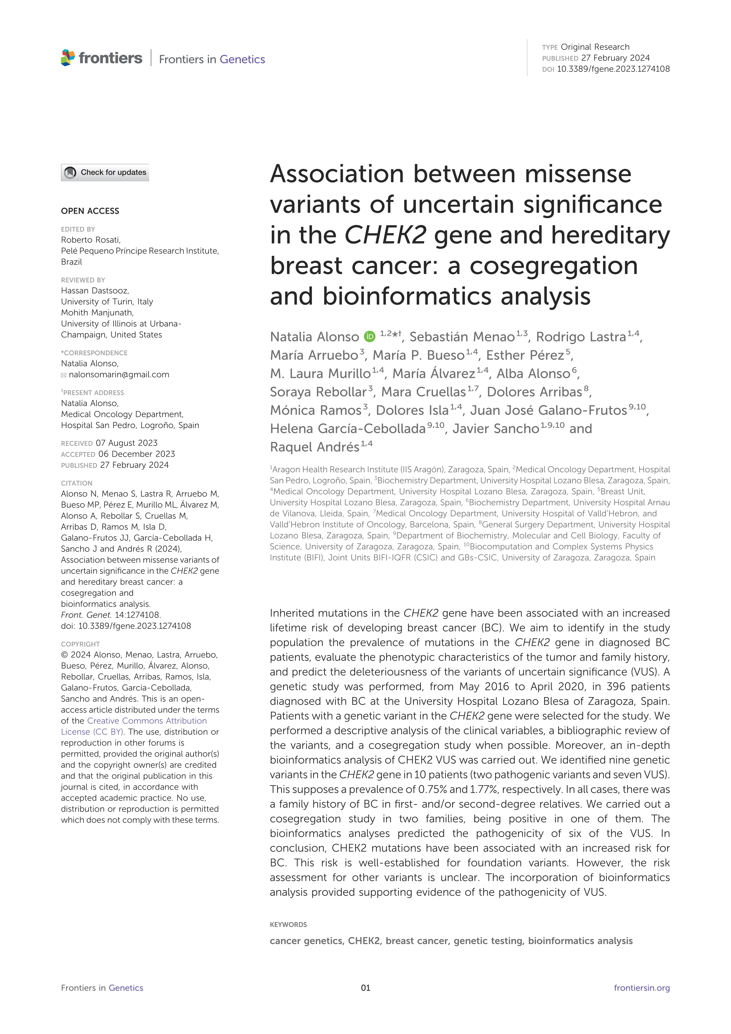 Association between missense variants of uncertain significance in the CHEK2 gene and hereditary breast cancer: a cosegregation and bioinformatics analysis