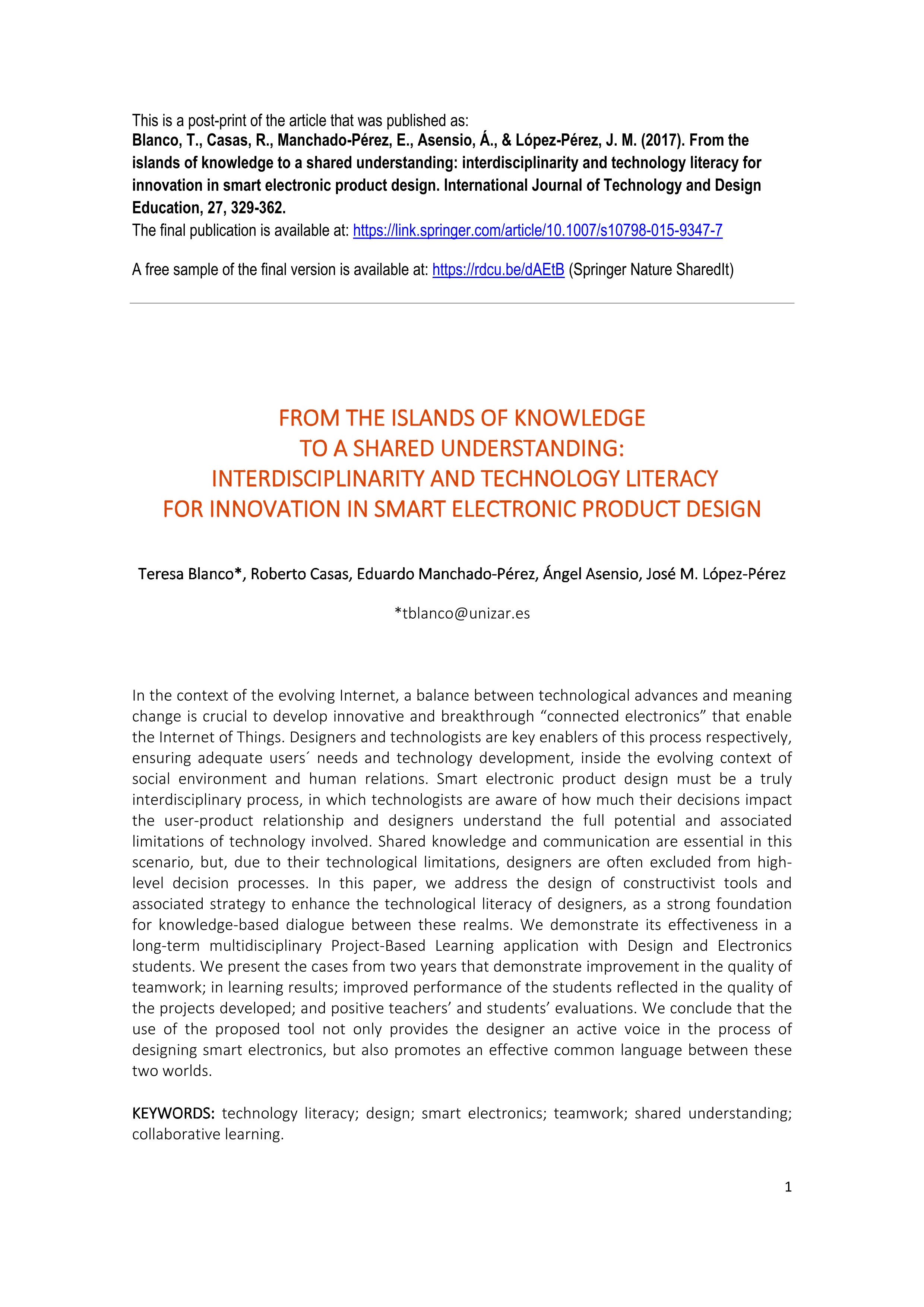 From the islands of knowledge to a shared understanding: interdisciplinarity and technology literacy for innovation in smart electronic product design