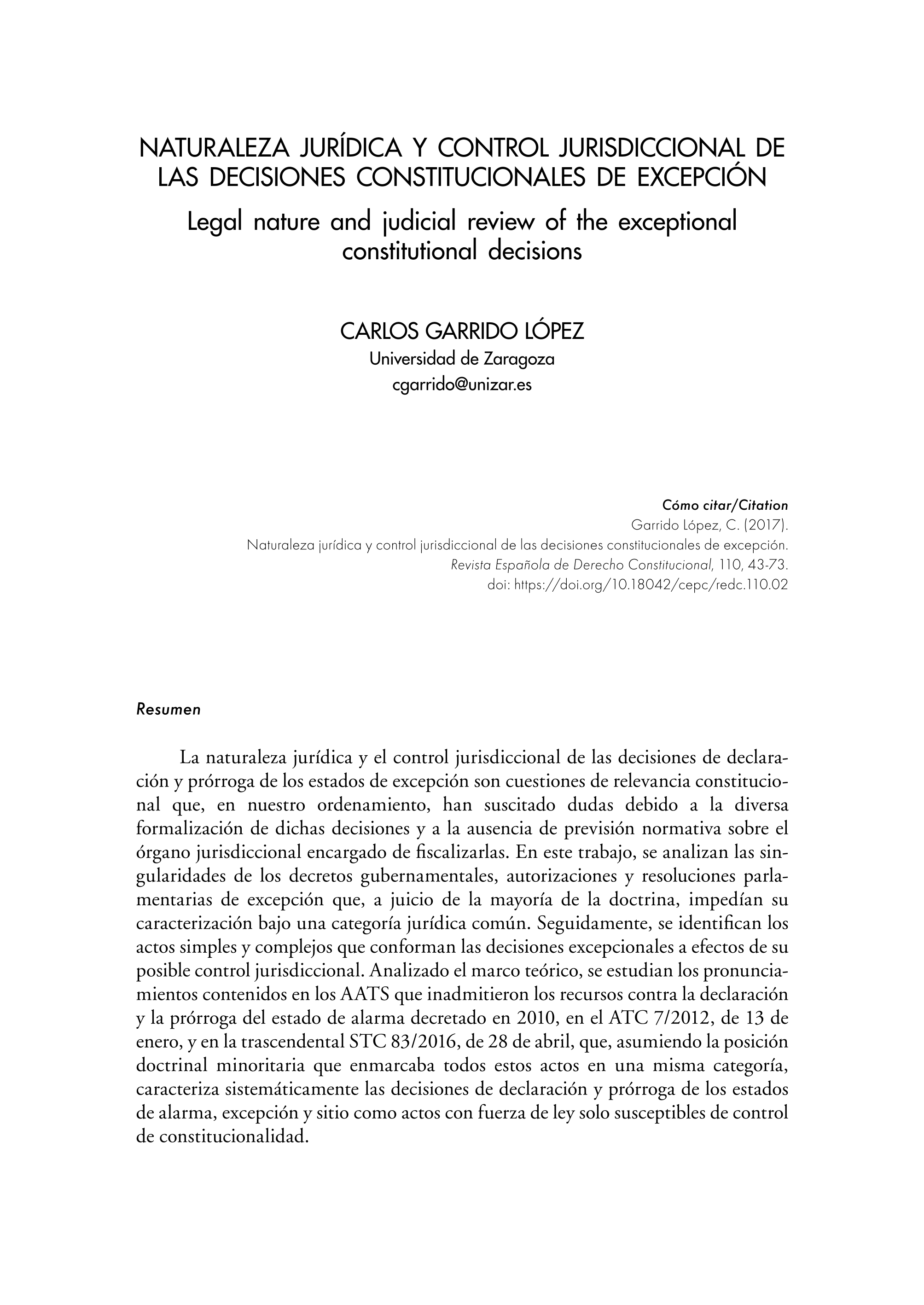 Naturaleza jurídica y control jurisdiccional de las decisiones constitucionales de excepción