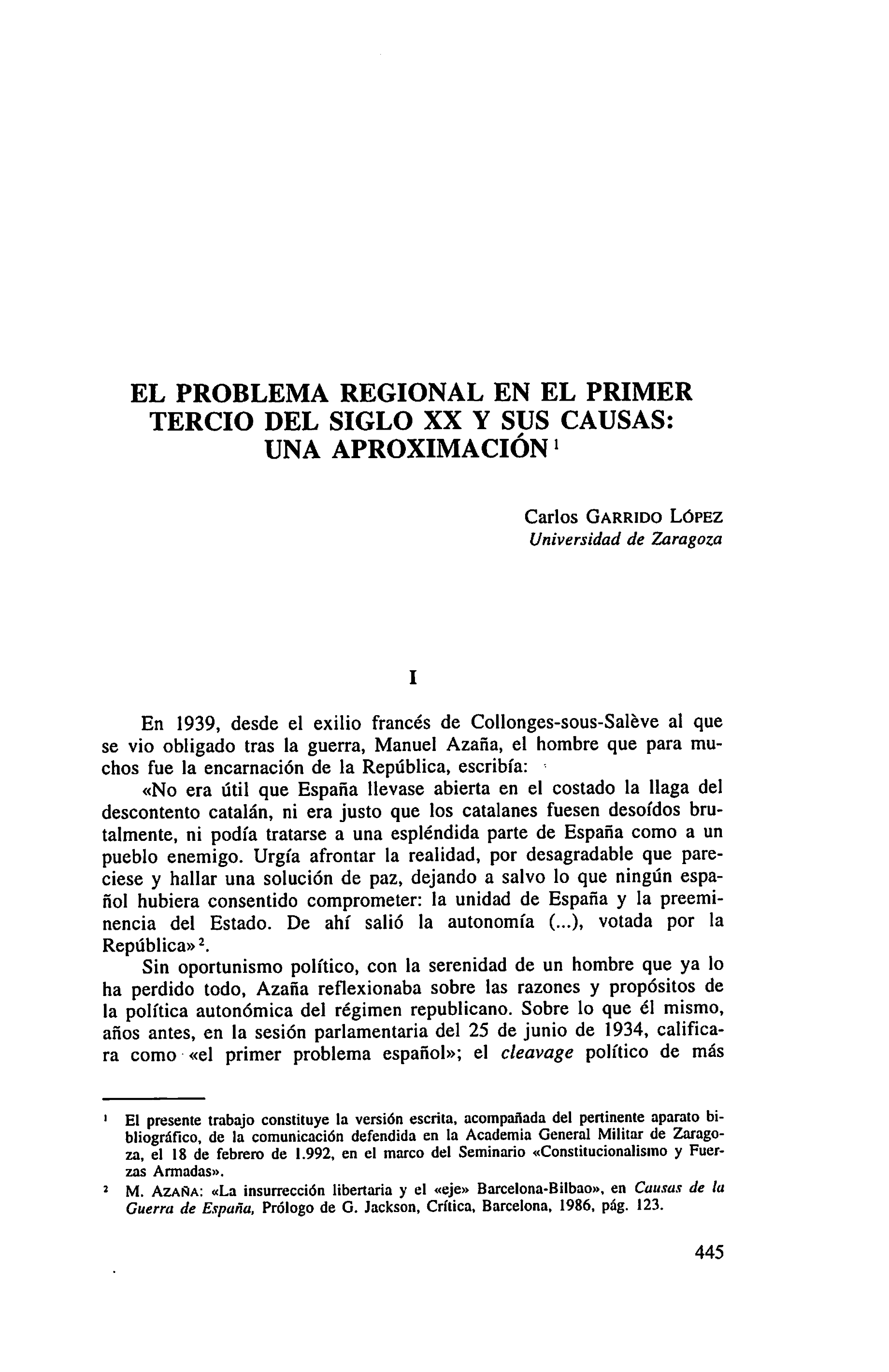 El problema regional en el primer tercio del siglo XX y sus causas : una aproximación