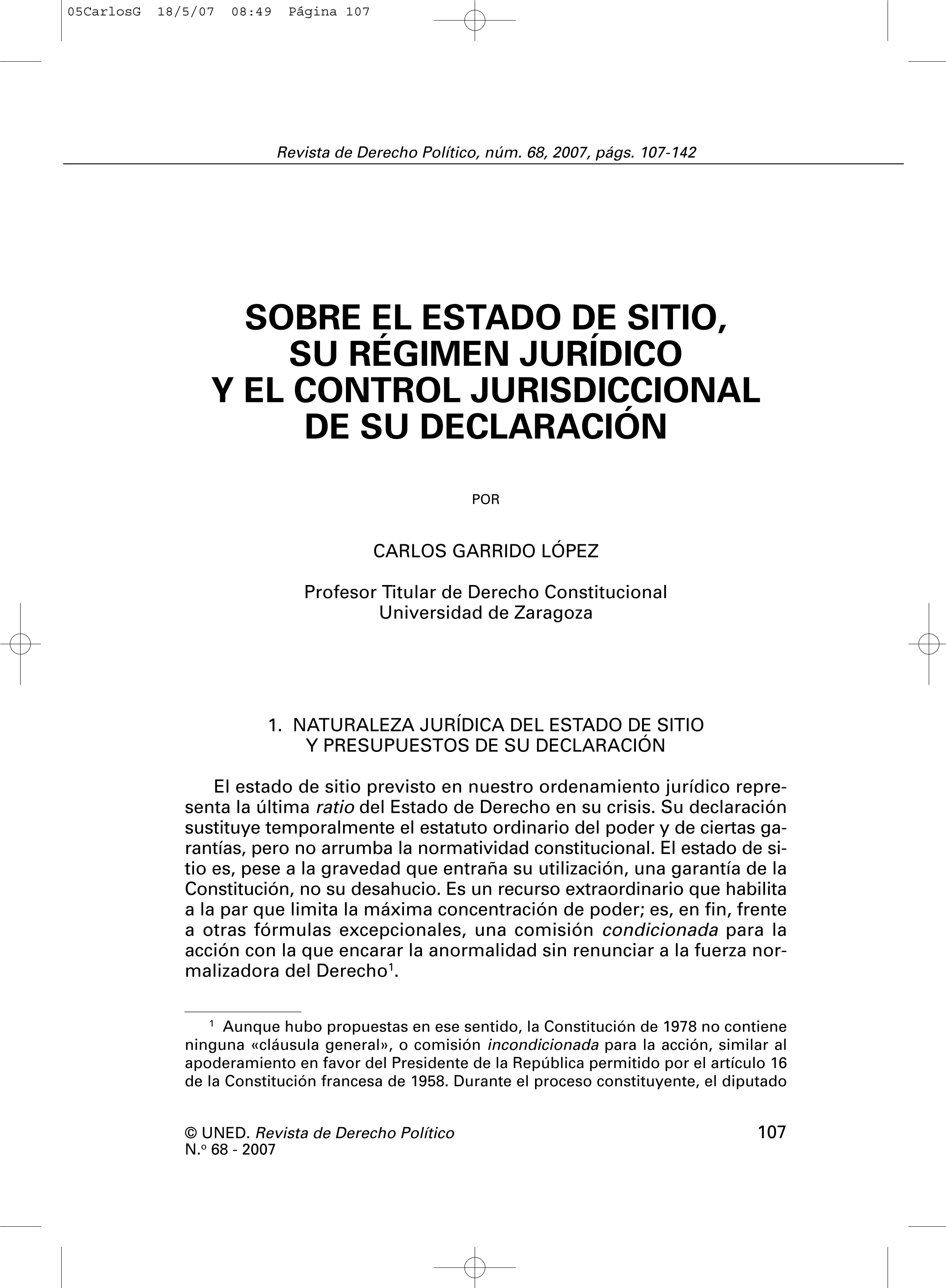 Sobre el estado de sitio, su régimen jurídico y el control jurisdiccional de su declaración