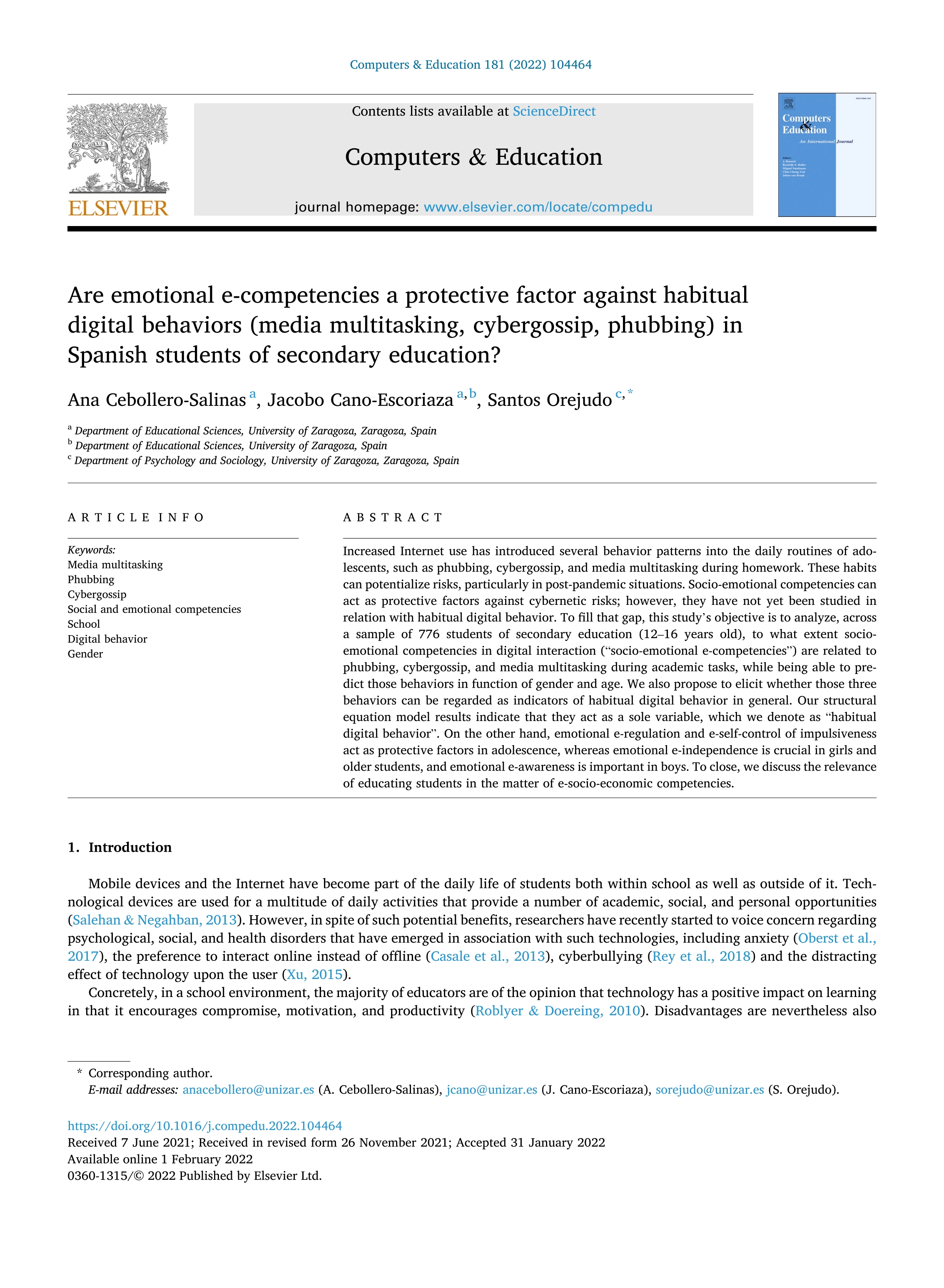 Are emotional e-competencies a protective factor against habitual digital behaviors (media multitasking, cybergossip, phubbing) in Spanish students of secondary education?