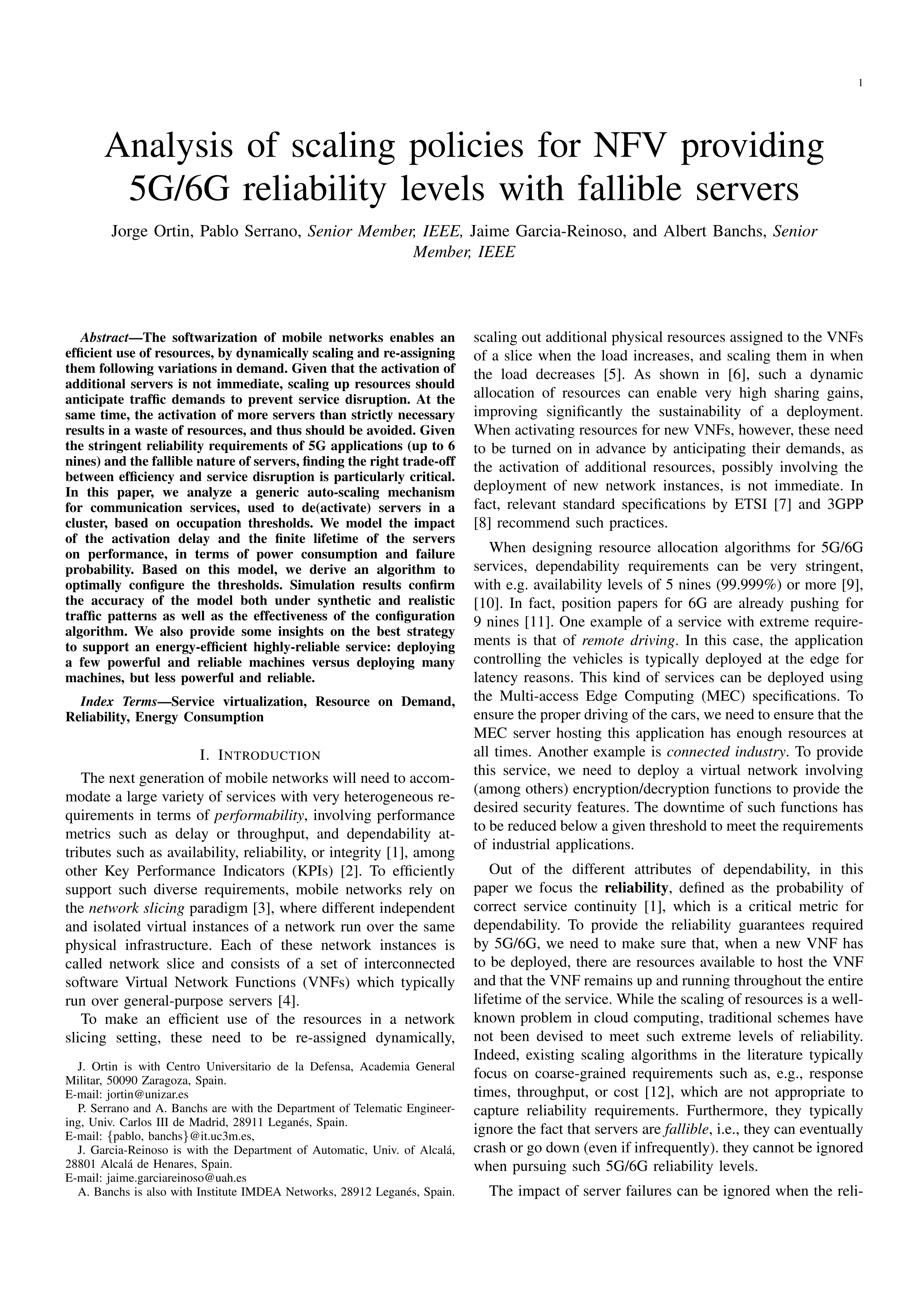 Analysis of Scaling Policies for NFV Providing 5G/6G Reliability Levels With Fallible Servers