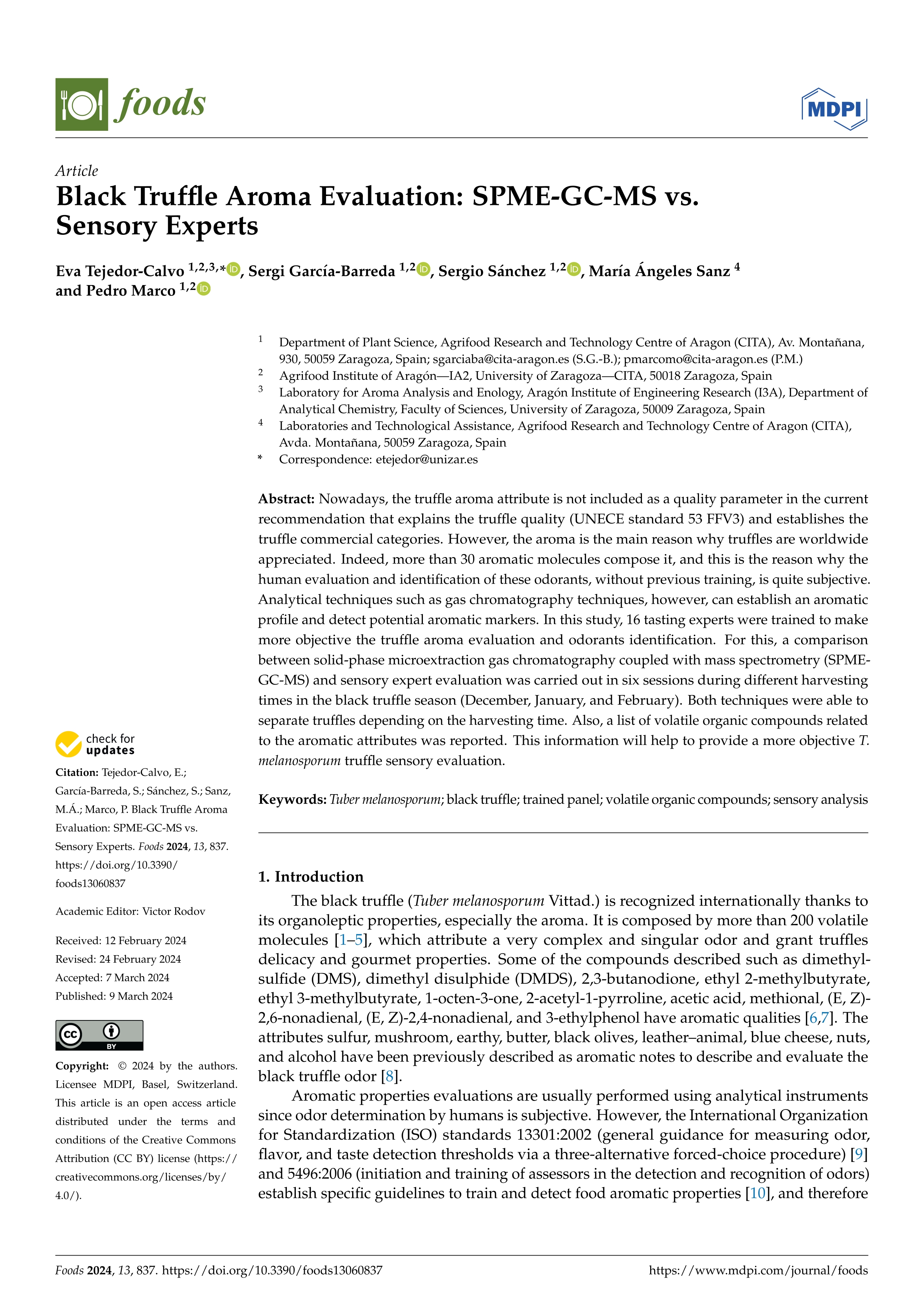 Black Truffle Aroma Evaluation: SPME-GC-MS vs. Sensory Experts
