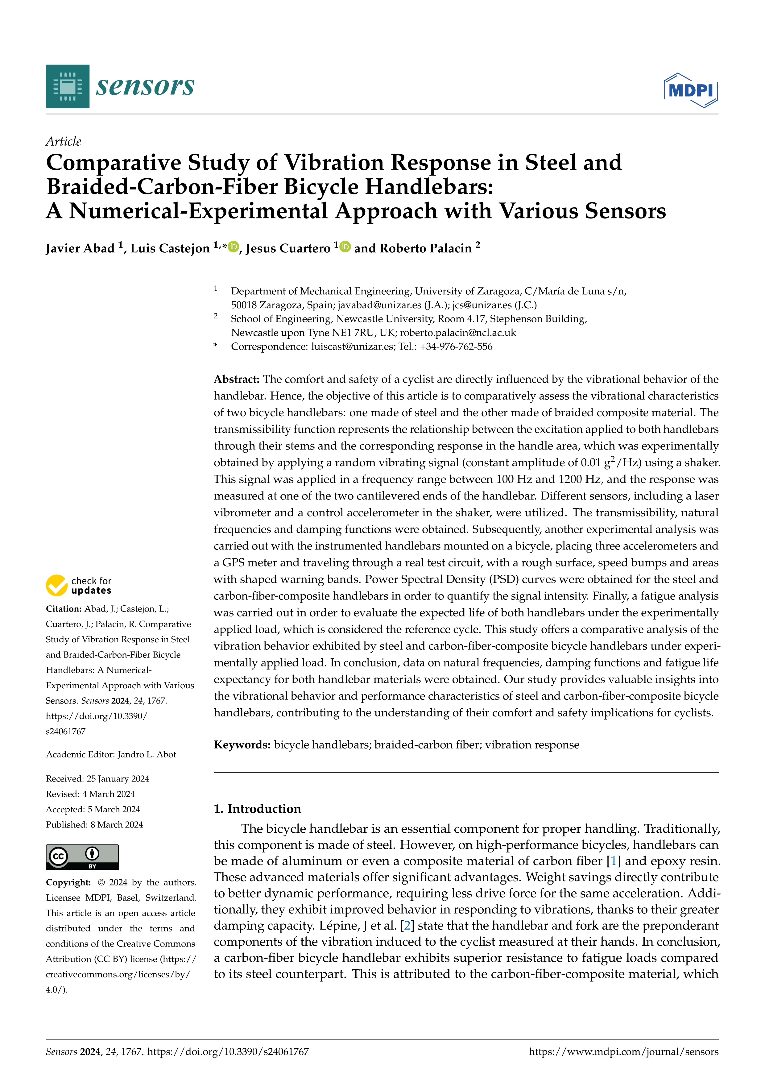 Comparative Study of Vibration Response in Steel and Braided-Carbon-Fiber Bicycle Handlebars: A Numerical-Experimental Approach with Various Sensors