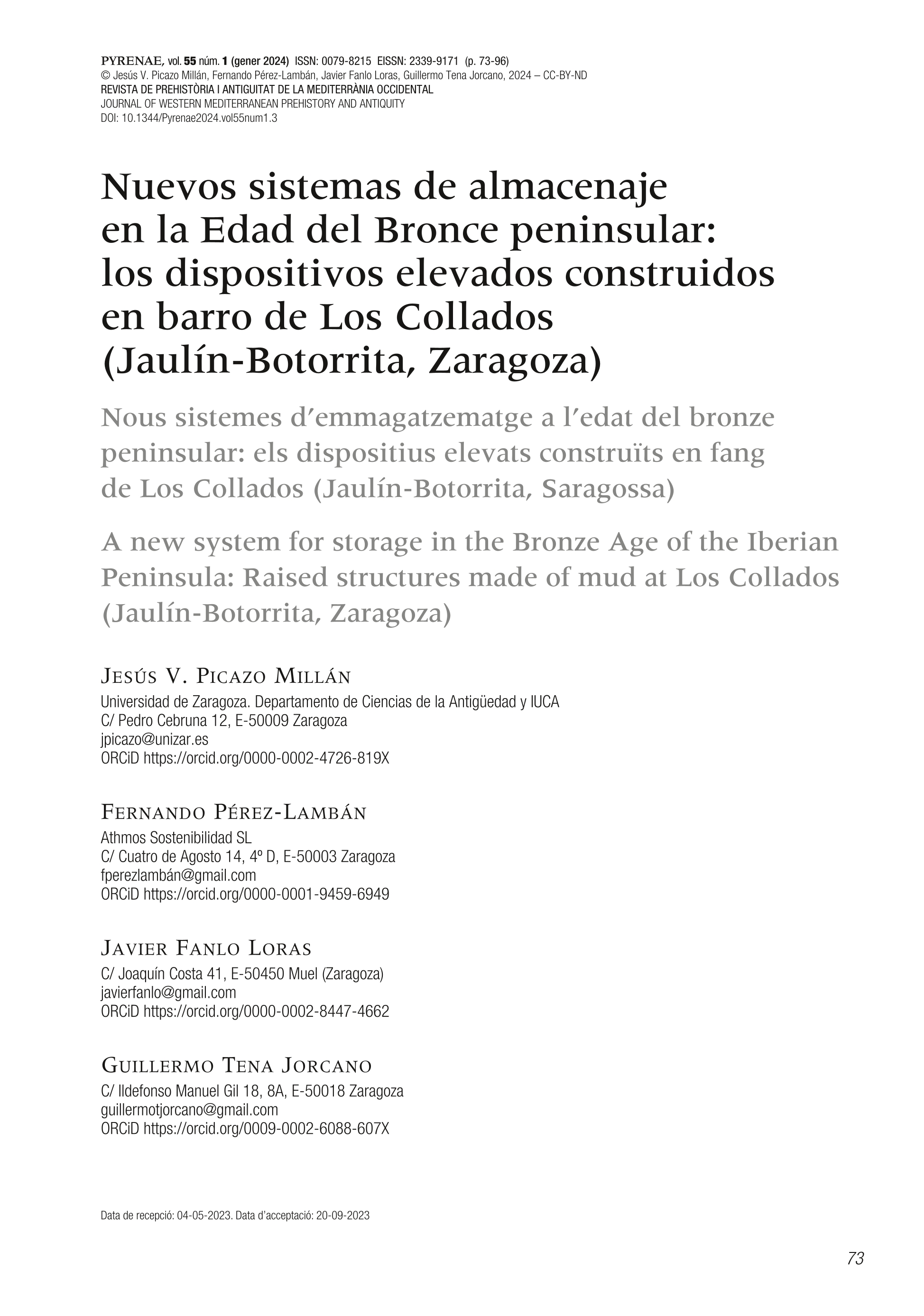 Nuevos sistemas de almacenaje en la Edad del Bronce peninsular: los dispositivos elevados construidos en barro de Los Collados (Jaulín-Botorrita, Zaragoza)