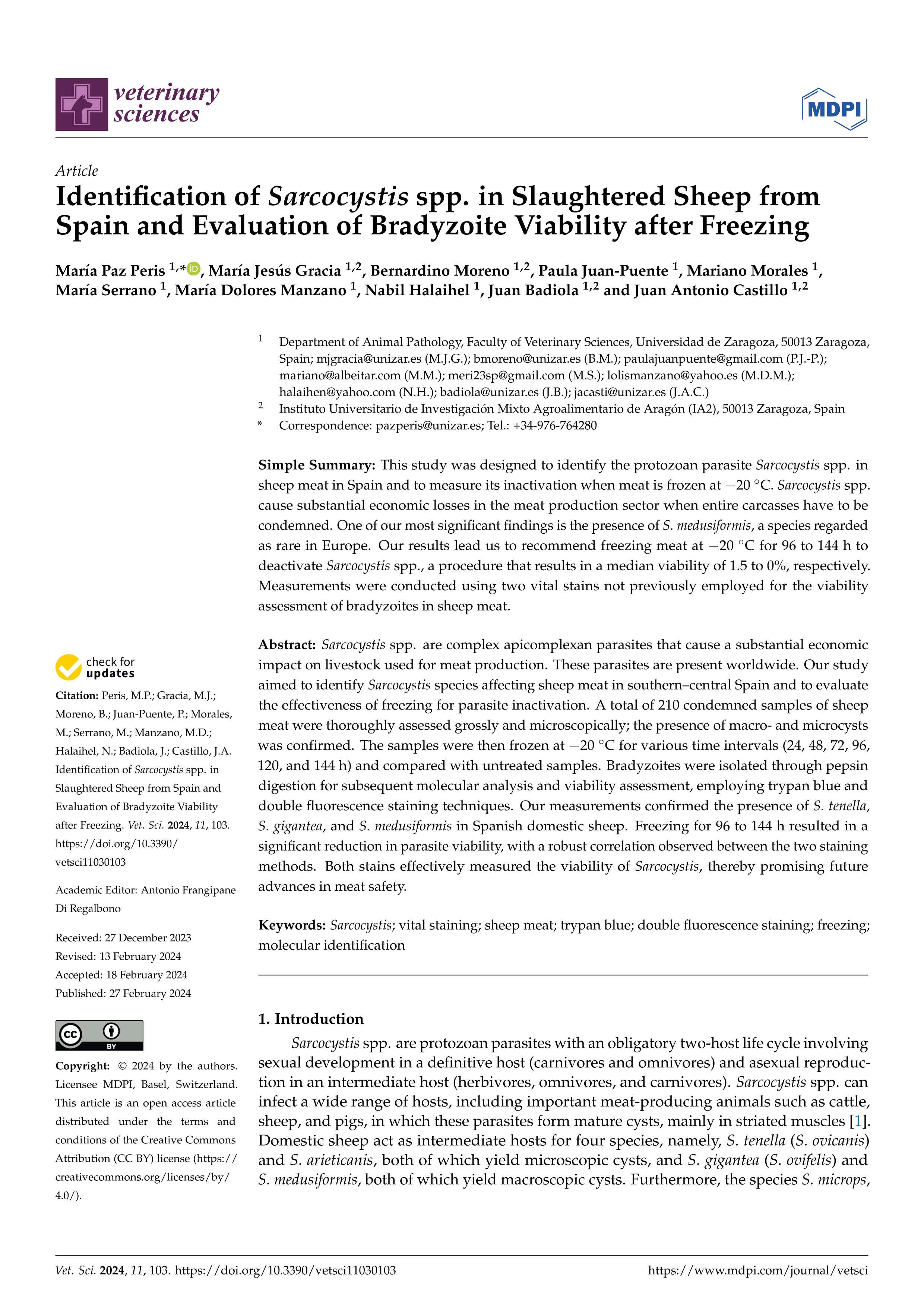 Identification of sarcocystis spp. in slaughtered sheep from Spain and evaluation of bradyzoite viability after freezing